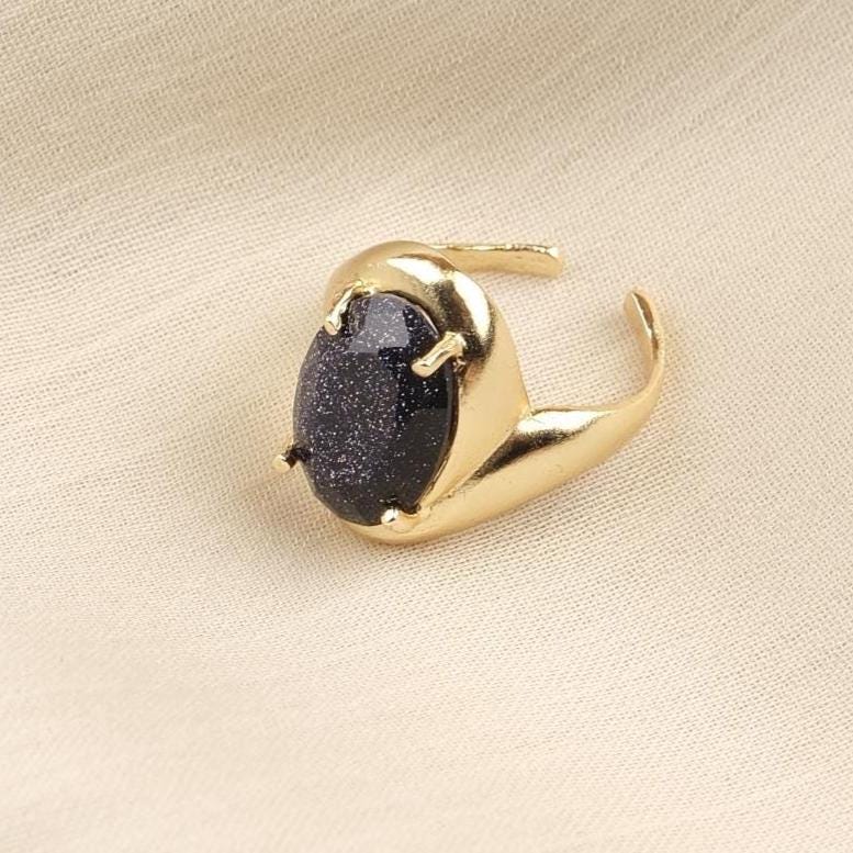 Handmade Shiny Ring , Gemstone Antique Looking And Vintage Style Gold Plated Adjustable , Elegant Oval Cut Statement Design Gift for Her