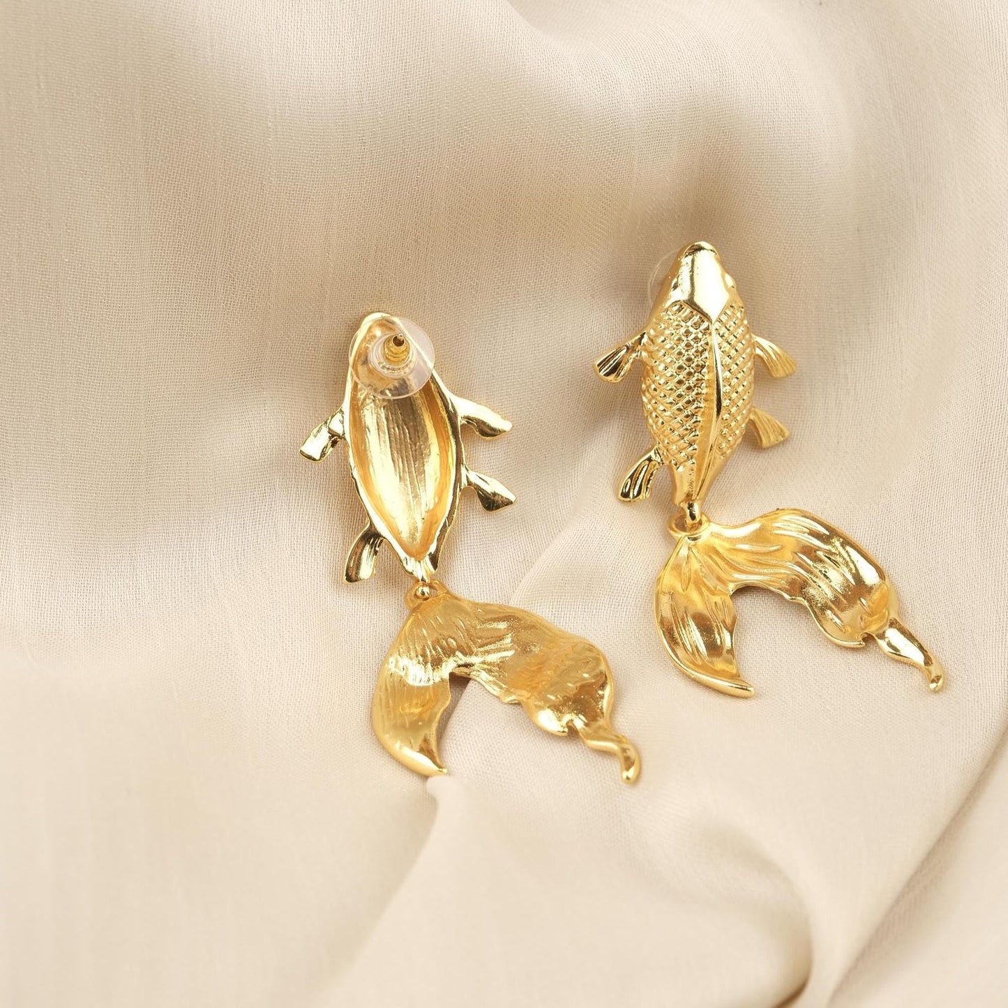 Handmade Gold Plated Koi Fish Stud Earrings, Elegant Symbolic Design with Flowing Tail, Artistic and Antique Looking Statement Jewelry Piece