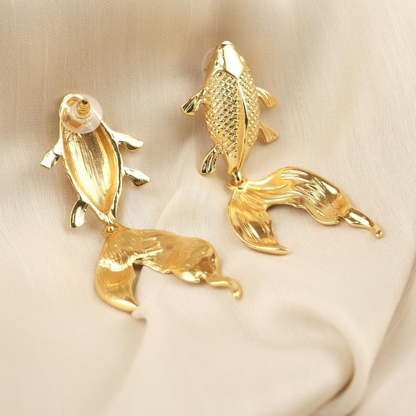 Handmade Gold Plated Koi Fish Stud Earrings, Elegant Symbolic Design with Flowing Tail, Artistic and Antique Looking Statement Jewelry Piece