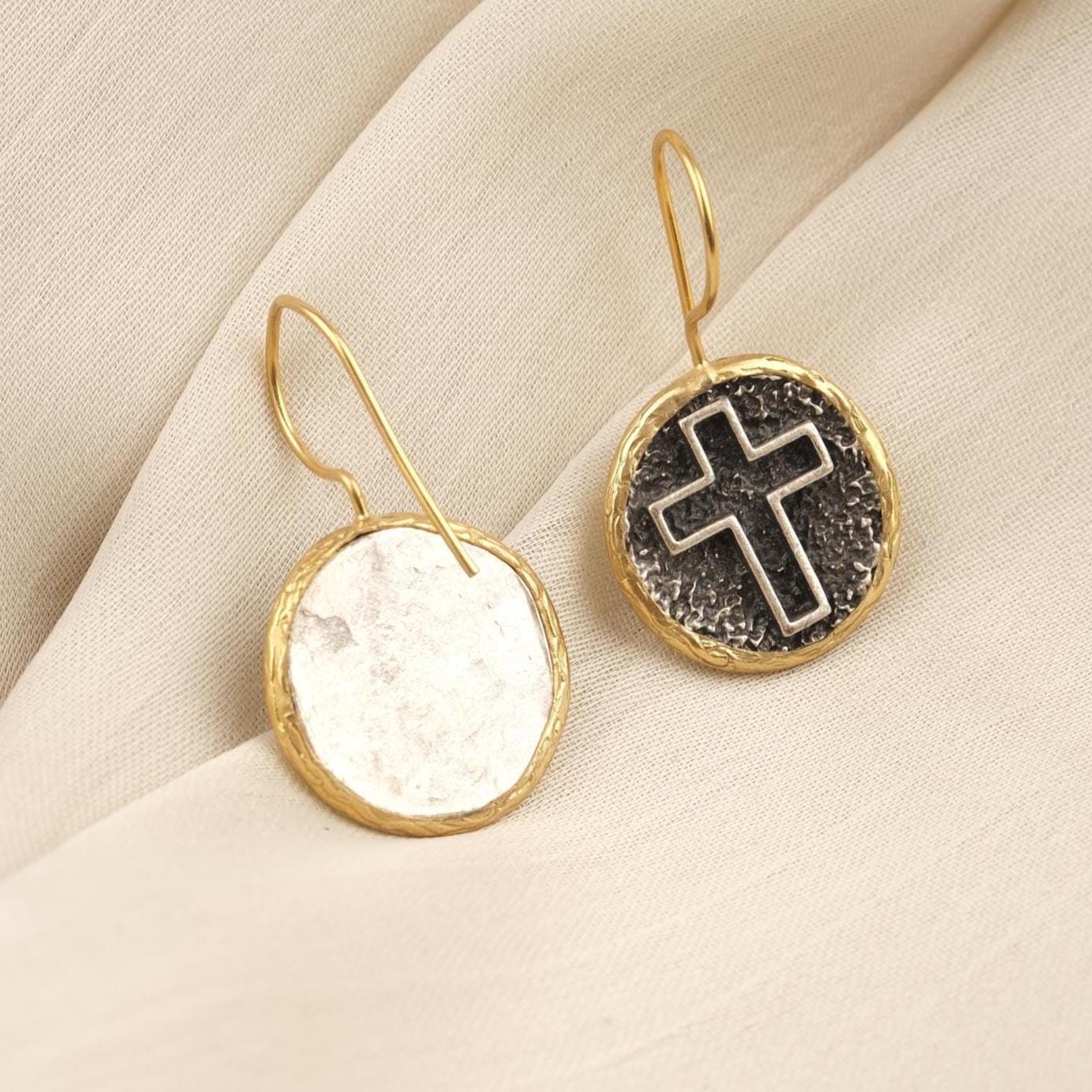 Handmade Gold Plated Cross Dangle Earrings, Textured Round Drop Design with Antique Looking Finish, Faith Inspired Elegant Gift for Her