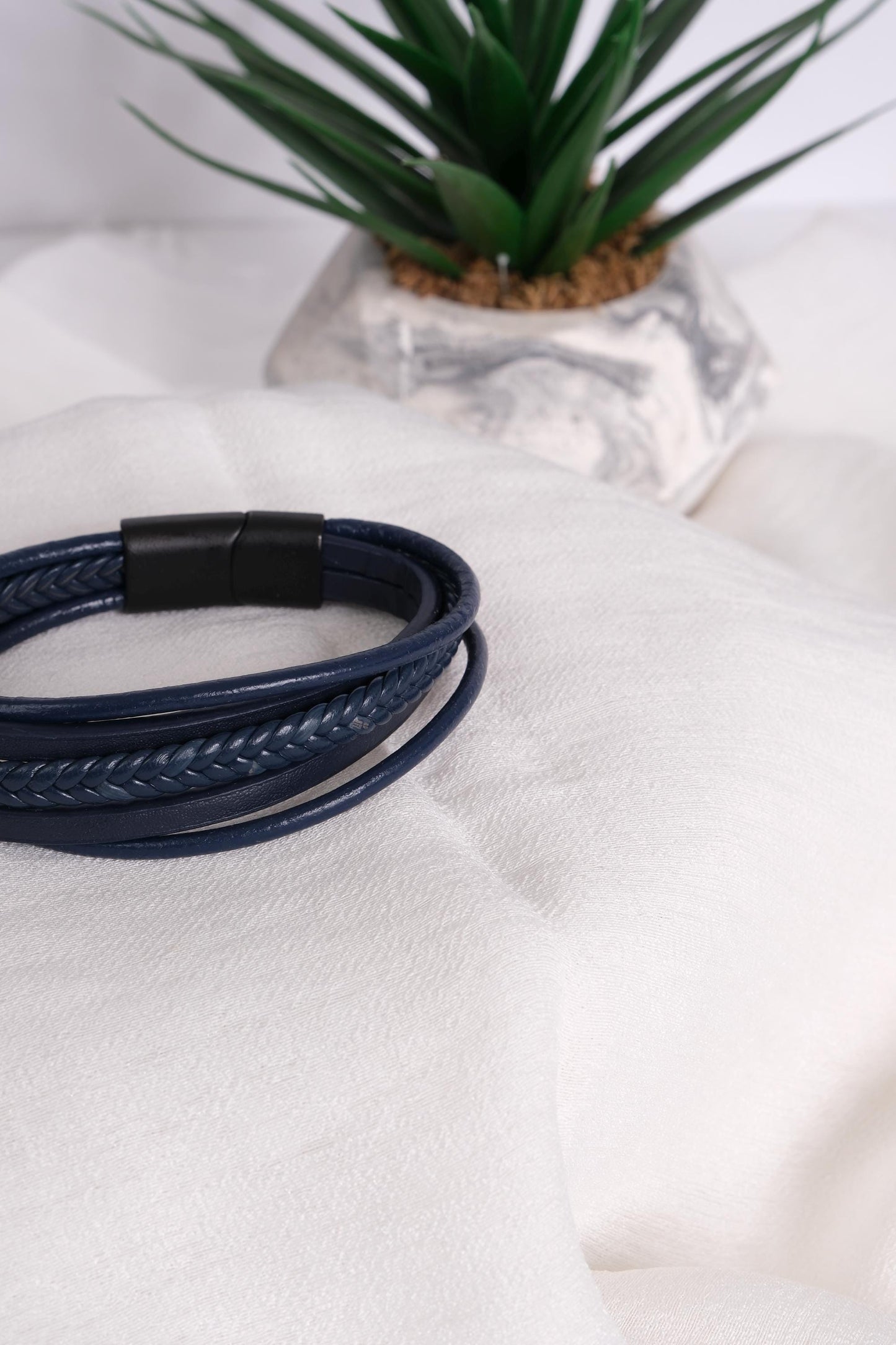 Navy Blue Men's Bracelet 22cm Genuine Leather Multi-Layer Braided Wrap Wristband with Magnetic Clasp Bold Stylish Gift for Him