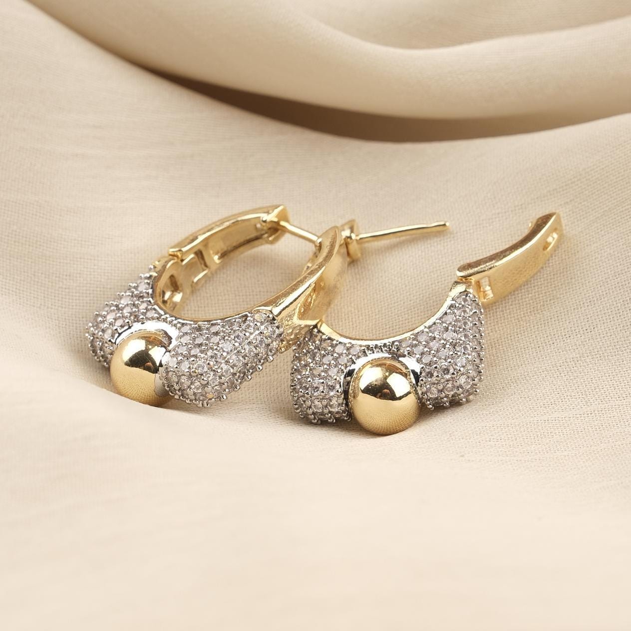 Gold Plated Silver Stud Earrings with Mini Diamond Detailing, Classic Hoop Design, Art Deco Style, Luxury Look, Hypoallergenic and Timeless