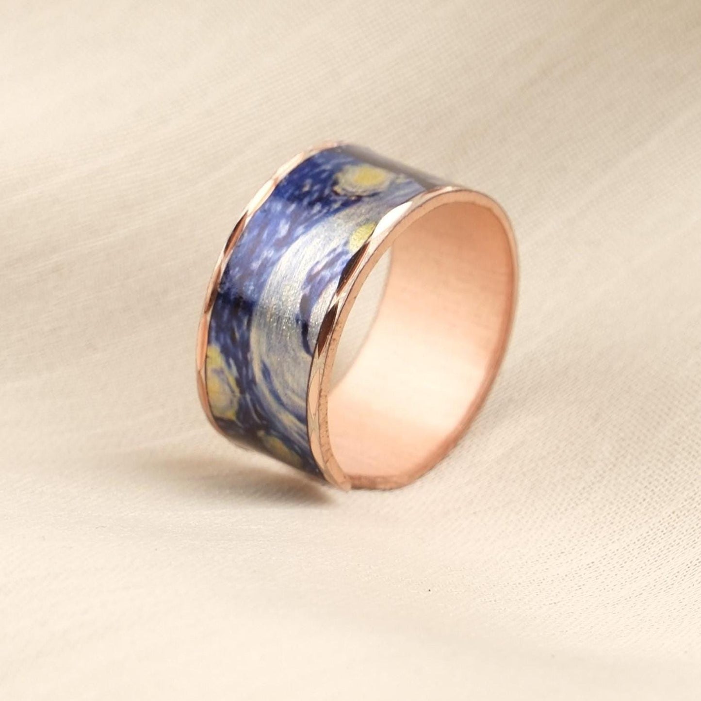 Vincent van Gogh “The Starry Night” Ring in Pure Copper, Adjustable Artistic Design | Handmade Antique Looking Vintage Style Statement Gift