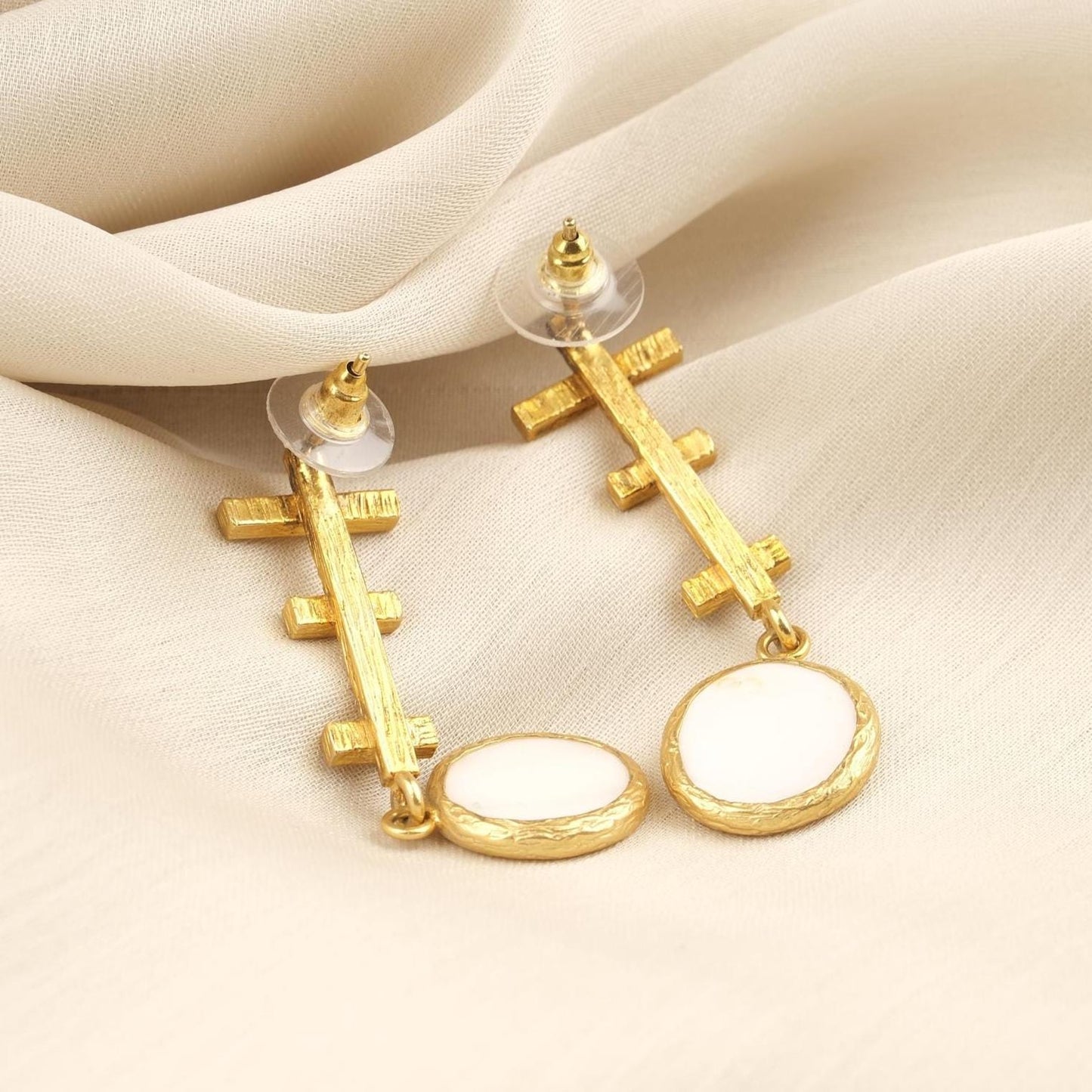 Handmade Artistic Stud Earrings With Genuine Pearl Discs, Gold Plated Abstract Design, Elegant Modern Jewelry With Vintage Style Charm Gift