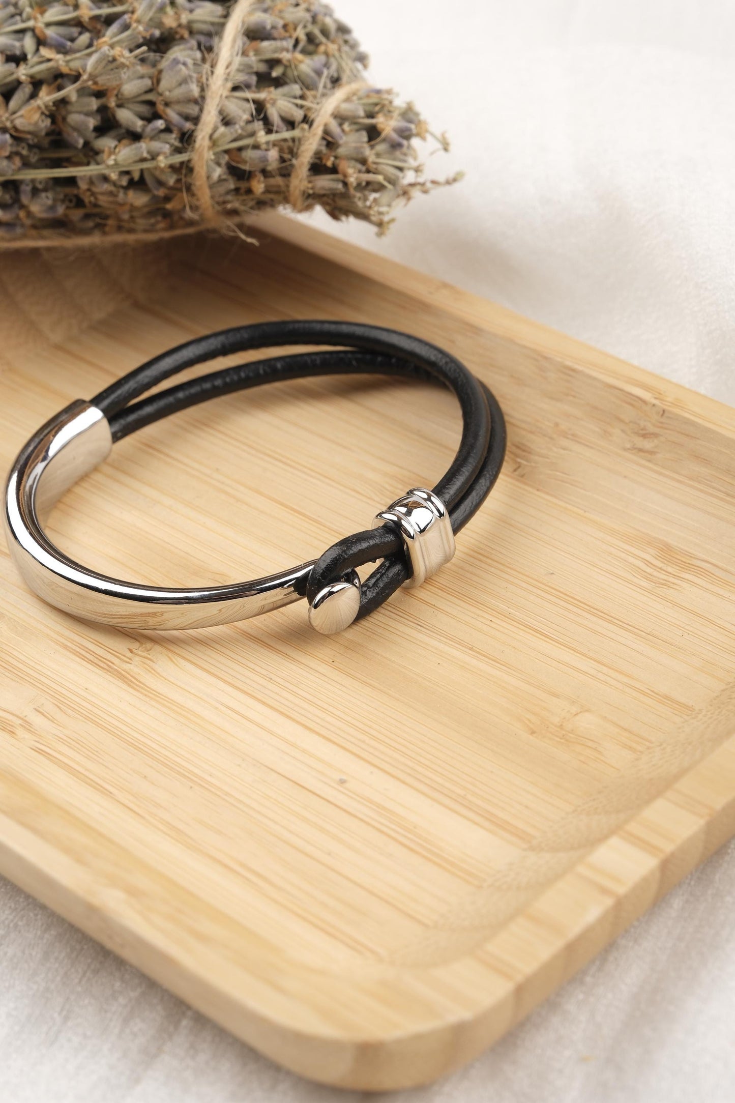 Timeless Elegance, Silver Hook Leather Bracelet for Men, Classic Wristband with Genuine Leather, Stylish Bracelet Gift for Him