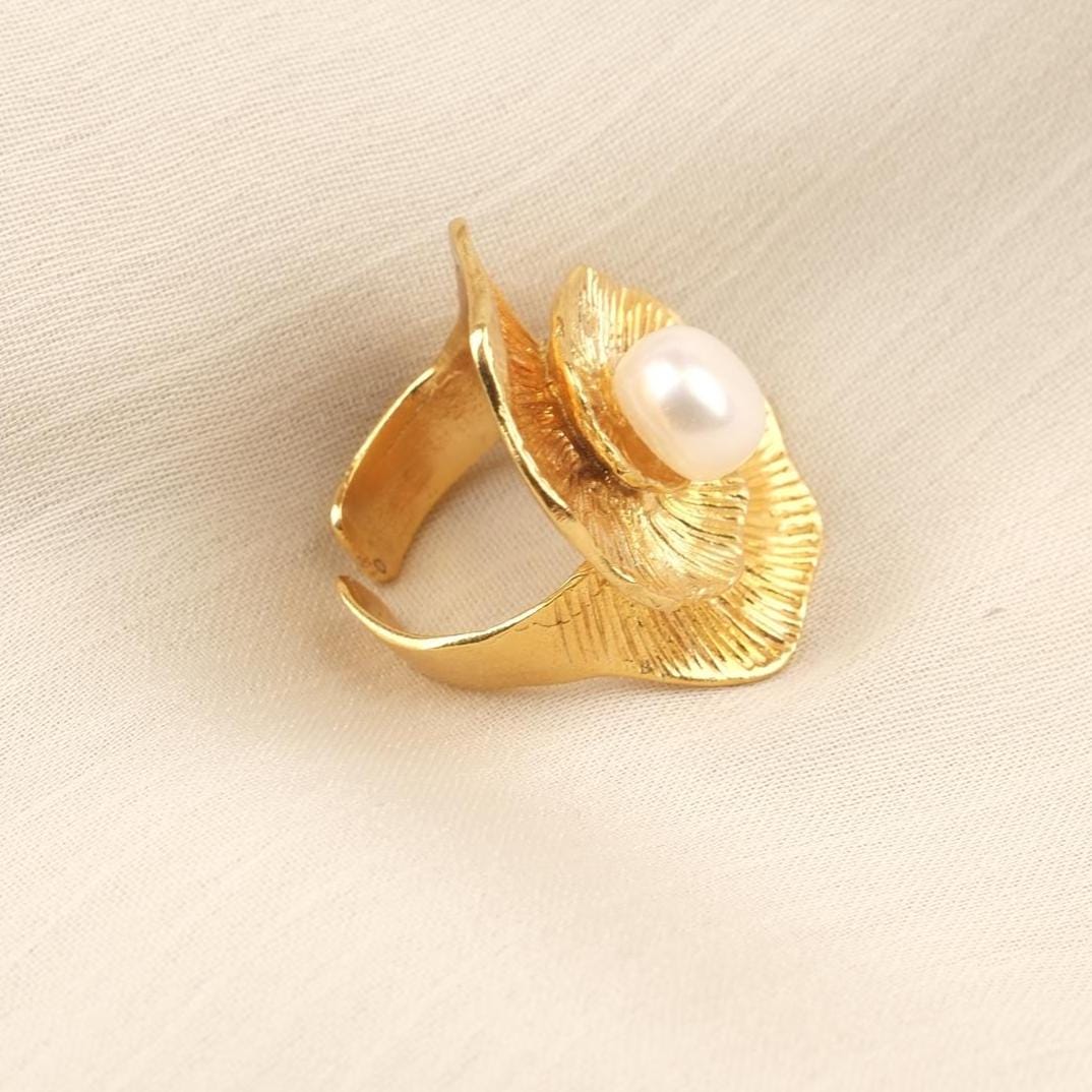 Handmade Genuine Pearl Ring Flower Design & Antique Looking And Vintage Style Timeless Gold Plated Adjustable , Elegant Bold Jewelry Gift
