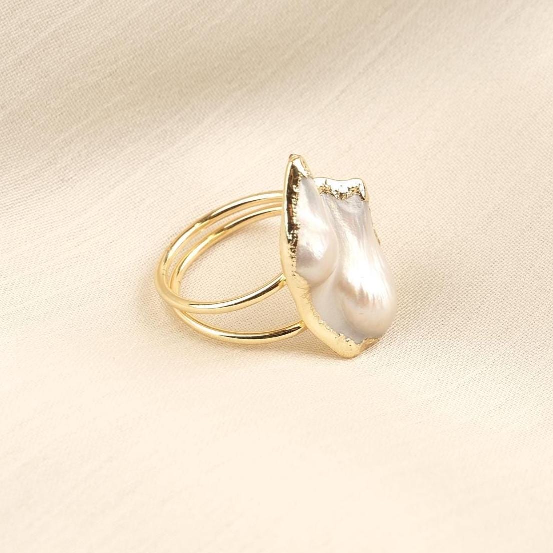 Handmade Genuine Pearl Statement, Antique Looking And Vintage Style Gold Plated Ring With Sculptural Artistic Abstract Design For Women