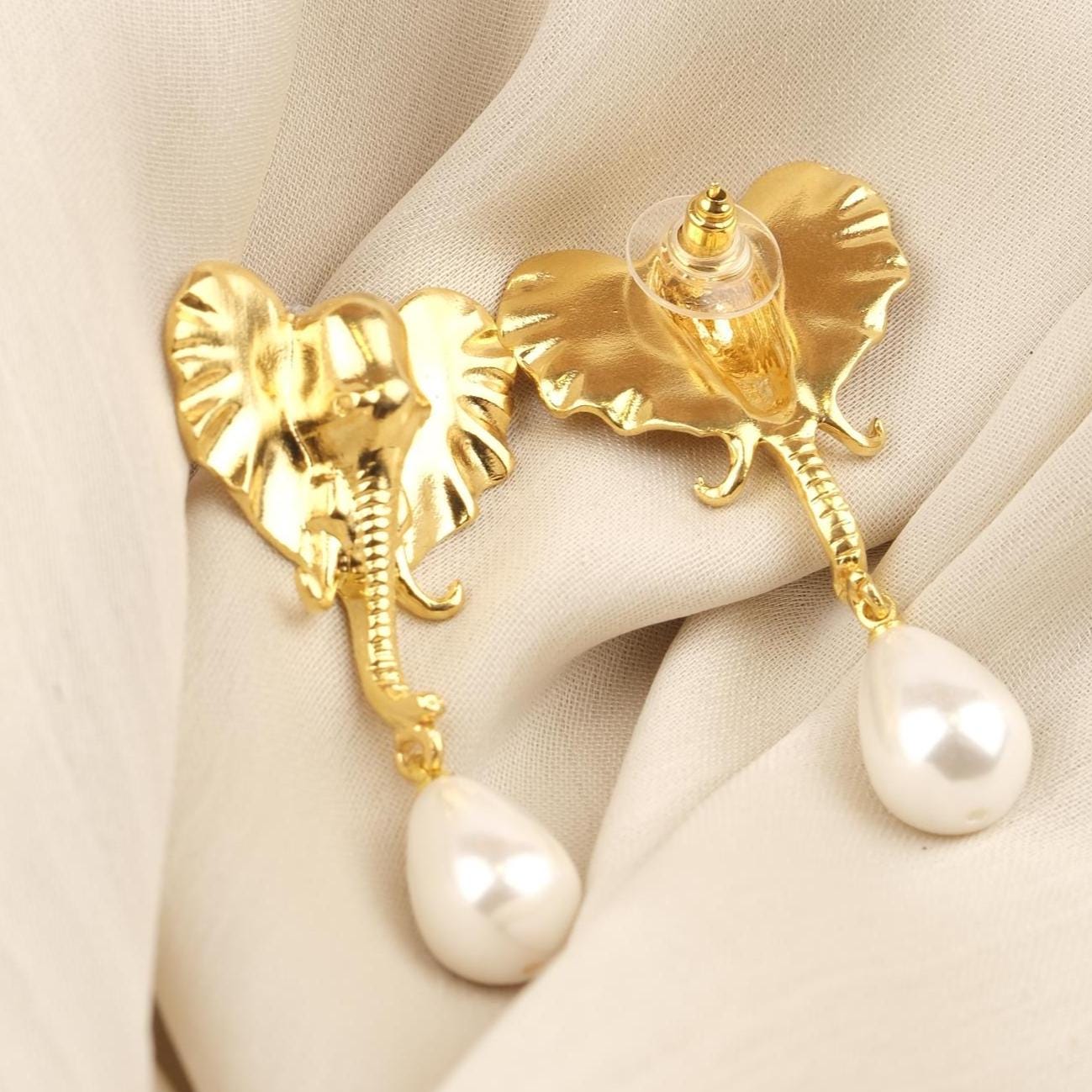 Handmade Gold Elephant Stud Earrings with Teardrop Faux Pearl, Cute Animal Design Jewelry, Playful and Elegant Antique Looking Gift Idea