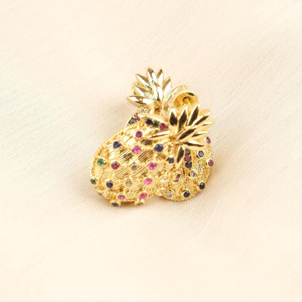 Handmade Gold Plated Pineapple Stud Earrings, Sparkling Diamond Detail Fruit Jewelry, Playful Tropical Design, Unique Fun Statement Style