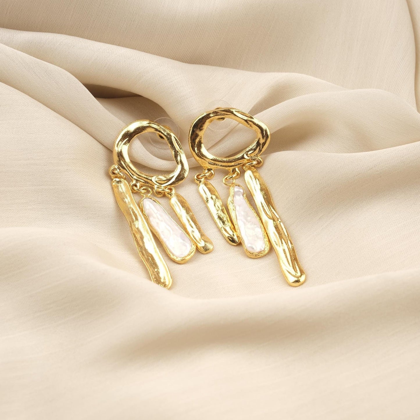 Handmade Genuine Pearl Artistic Earrings, Modern Abstract Design With Gold Plated Studs, Bold Baroque Statement Style For Unique Look Gift