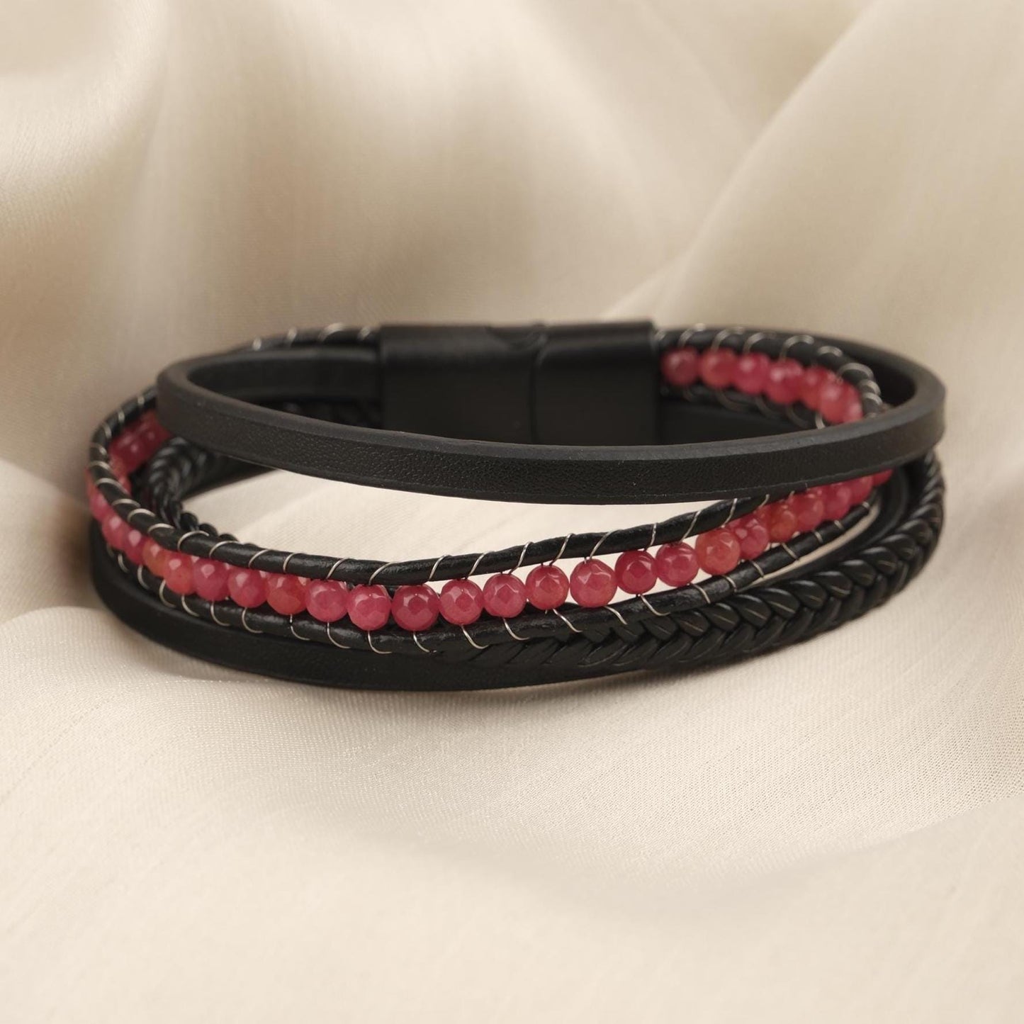 Handmade Bold Quartz and Genuine Leather Men's Bracelet, Multi-Layer Design with Titanium Lock, Statement Gemstone Jewelry | 22 cm (8.66 in)