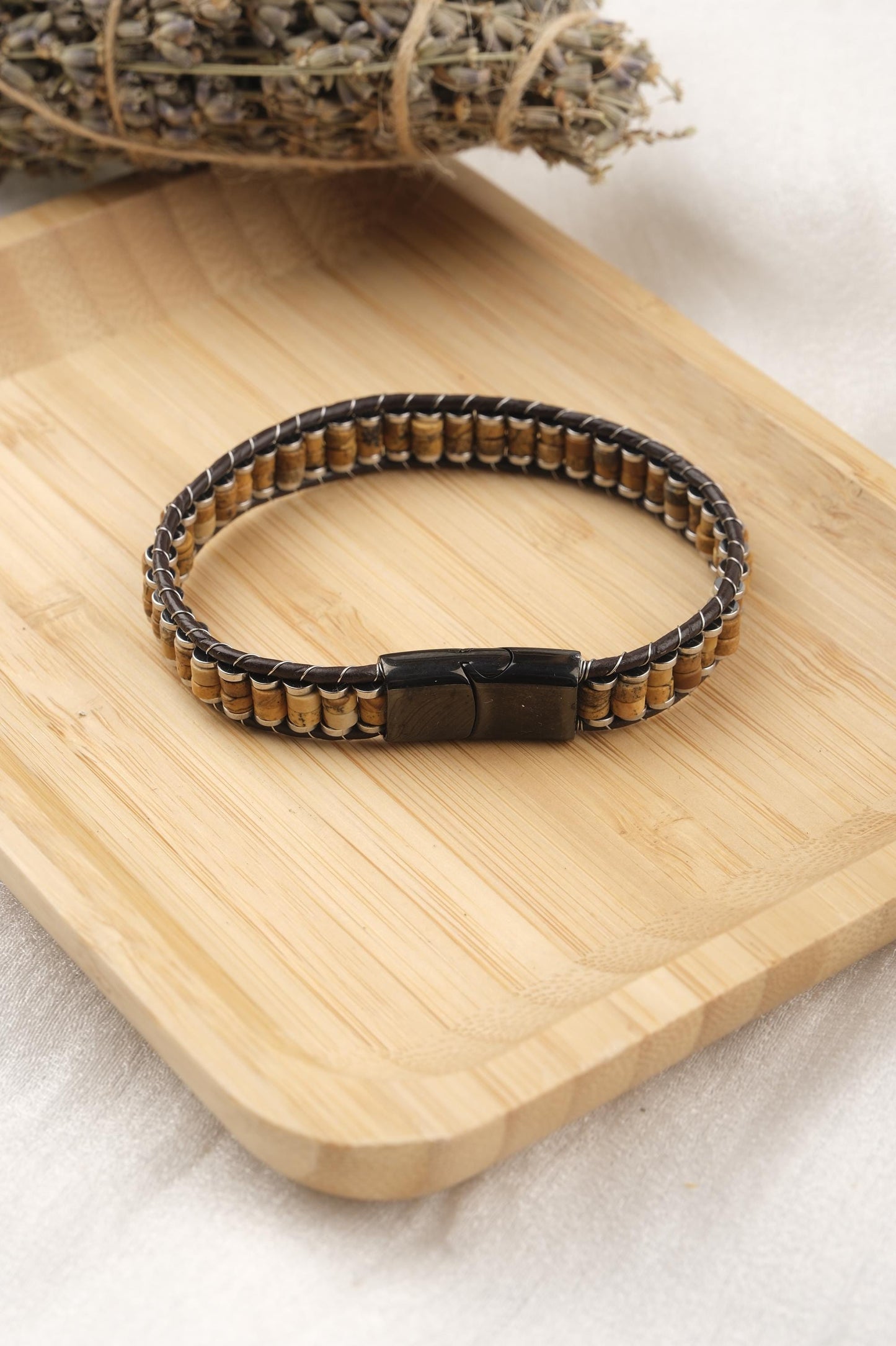 Stones of Courage and Grounding, Tiger Eye & Hematite Leather Bracelet for Men, Crystal Wristband Gift for Him