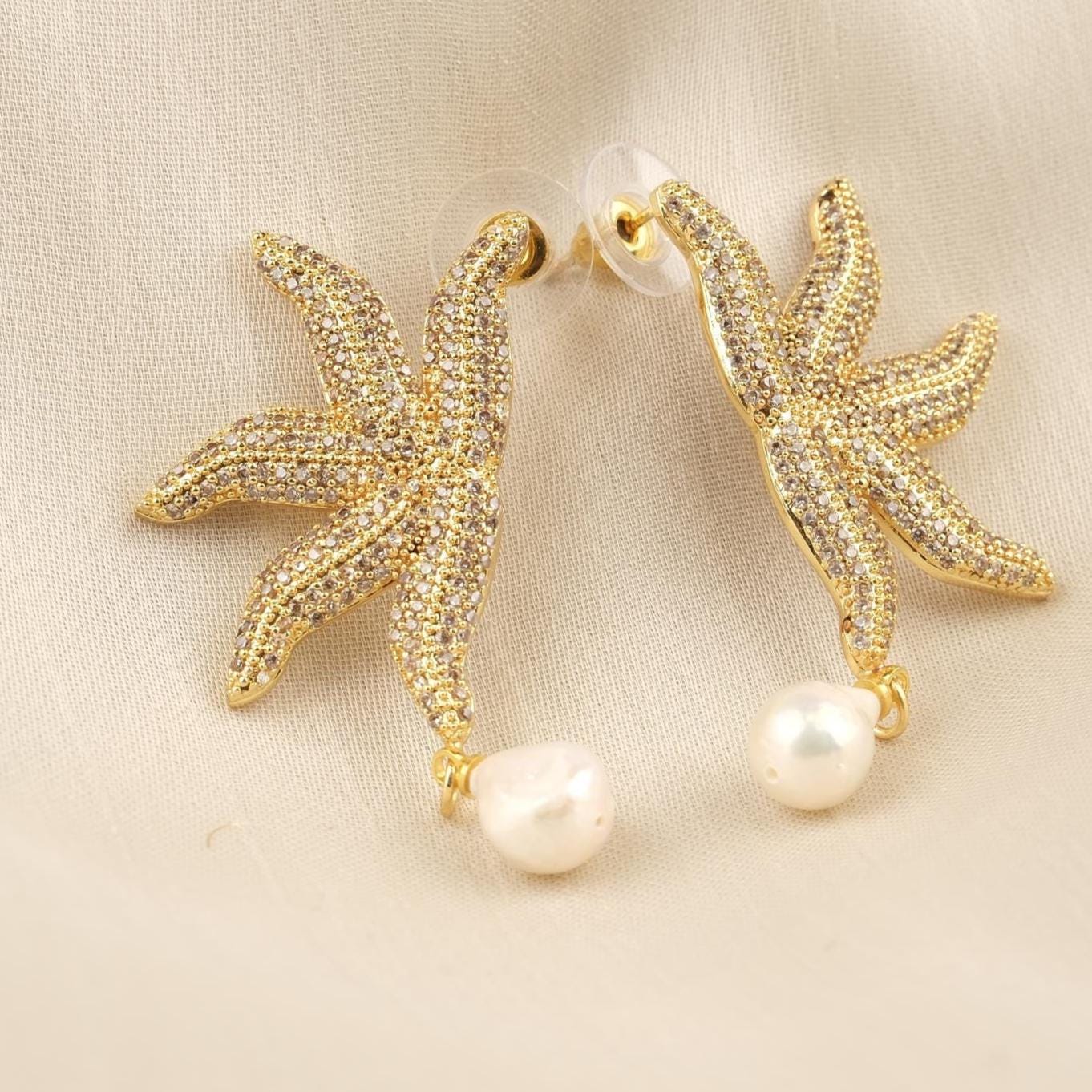 Handmade Real Pearl & Starfish Stud Earrings with Genuine Freshwater Pearl, Light Artistic Ocean-Inspired Design, Elegant Marine Style Gift