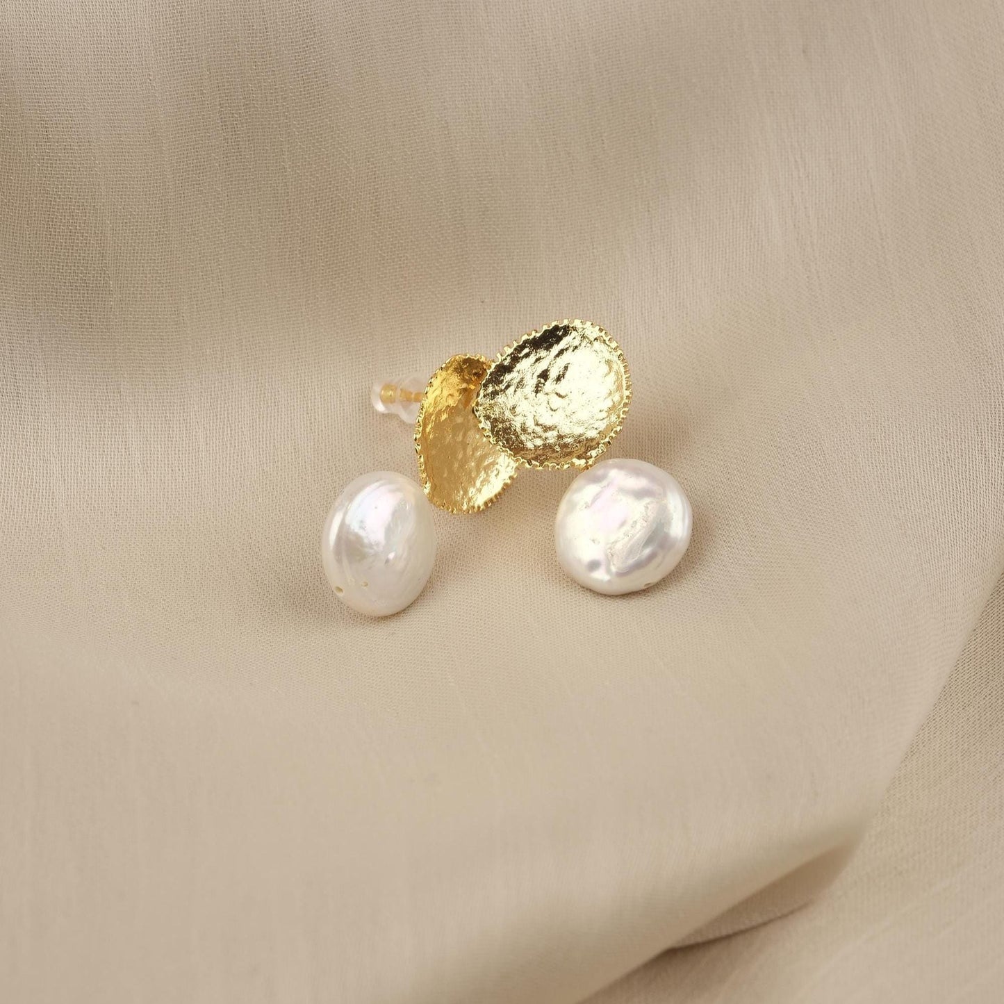 Handmade Gold Plated Stud Earrings with Genuine Freshwater Pearl, Antique Looking Dome Design, Elegant Artistic Minimal Jewelry Gift for her