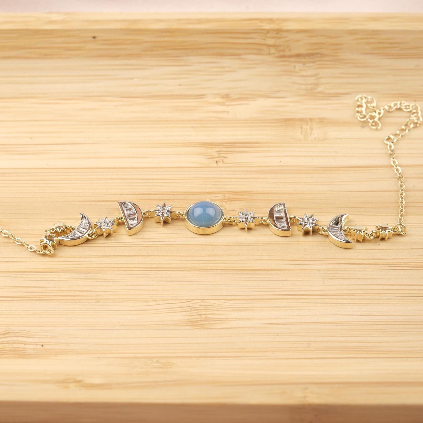 Aquamarine Moon & Star Charm Bracelet for Women, Gold Celestial Jewelry with Soft Blue Accent Stone, Calm Gift for Her, 22cm / 8.66in
