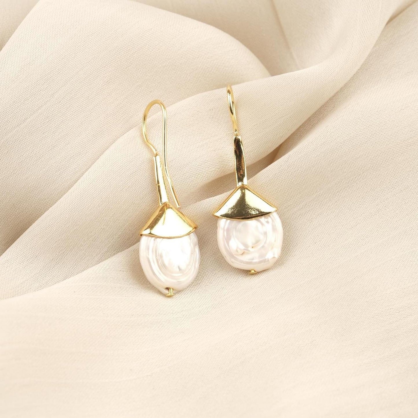 Handmade Genuine Pearl Dangle Earrings, Elegant Gold Plated Design with Baroque Freshwater Pearls, Vintage Style & Antique Looking Her Gift