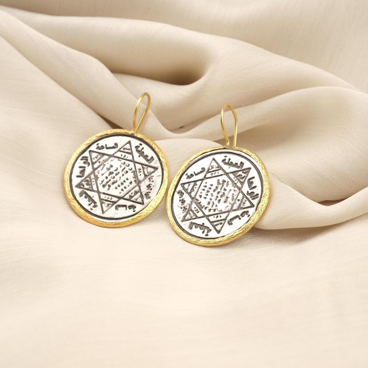Handmade Solomon Seal Dangle Earrings, Dual Tone Boho Statement Jewelry, Gold Plated Mystical Talisman With Ancient Inscription