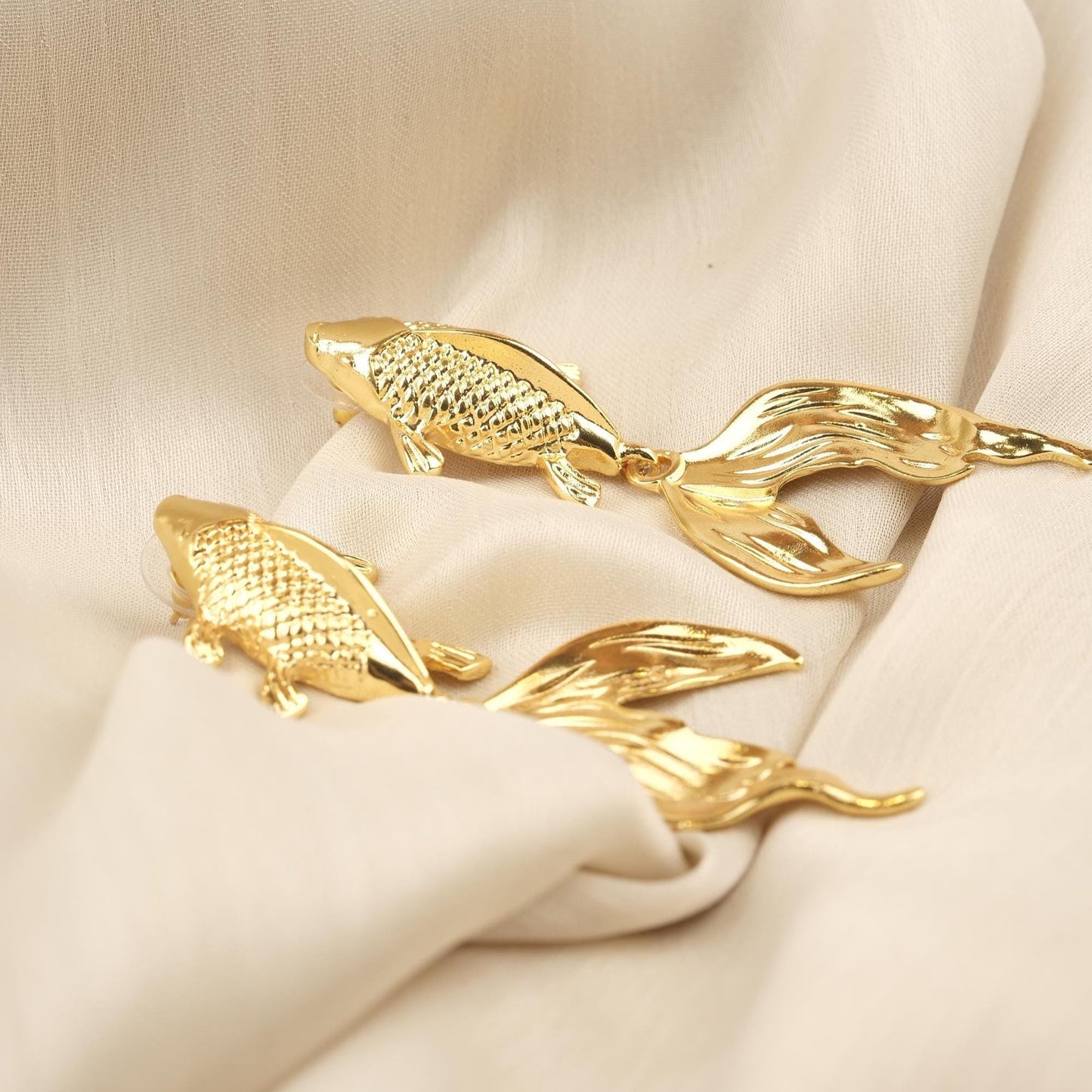Handmade Gold Plated Koi Fish Stud Earrings, Elegant Symbolic Design with Flowing Tail, Artistic and Antique Looking Statement Jewelry Piece