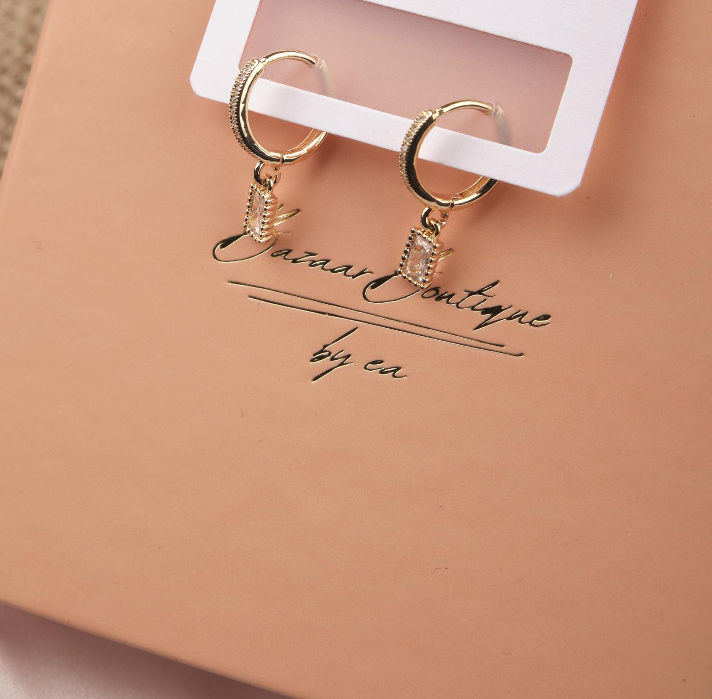 Gold Rectangle Pink Emerald Earrings, Elegant Minimalist Hoops For Women Who Glow, Feminine Statement Jewelry In Brass