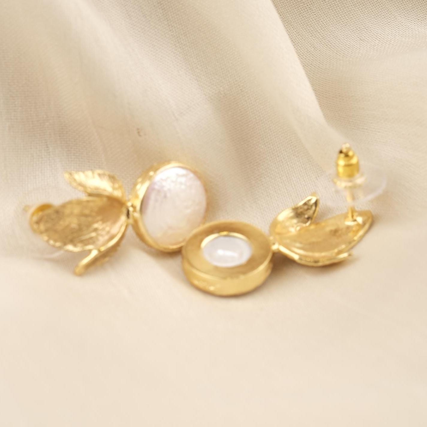 Handmade Genuine Pearl Stud Earrings, Gold Plated Leaf Design, Artistic Nature-Inspired Jewelry for Women, Elegant Lightweight Statement