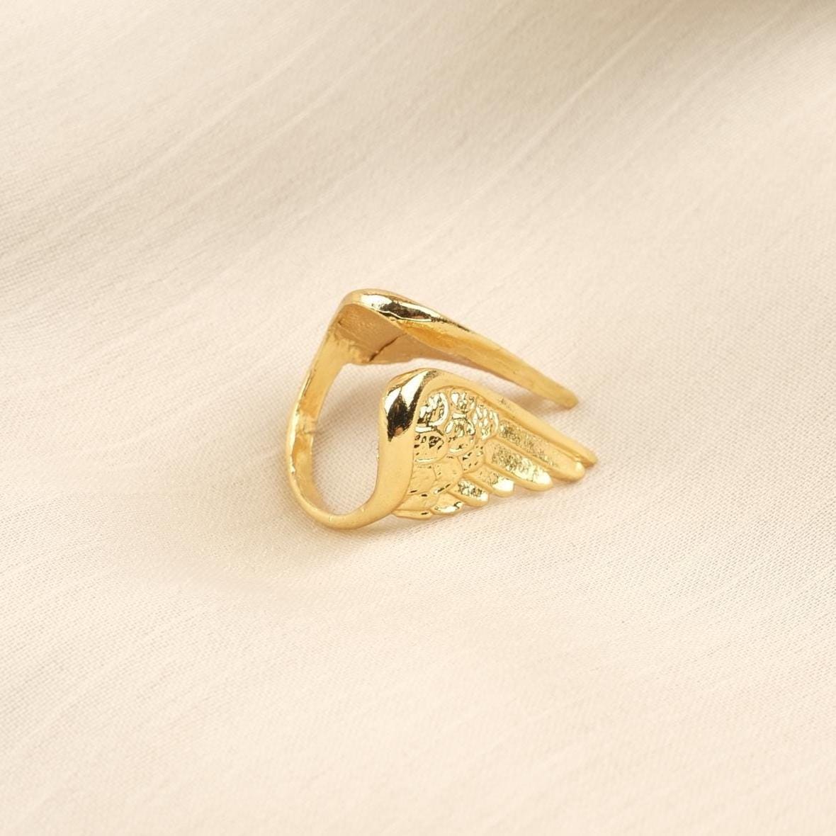 Spiritual Feather & Angel Design Ring Antique Looking And Vintage Style Gold Plated Adjustable , Celestial Inspired Statement Jewelry Gift