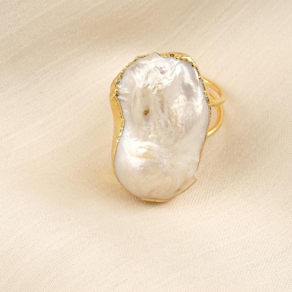Handmade Genuine Pearl Statement, Antique Looking And Vintage Style Gold Plated Ring With Sculptural Artistic Abstract Design For Women