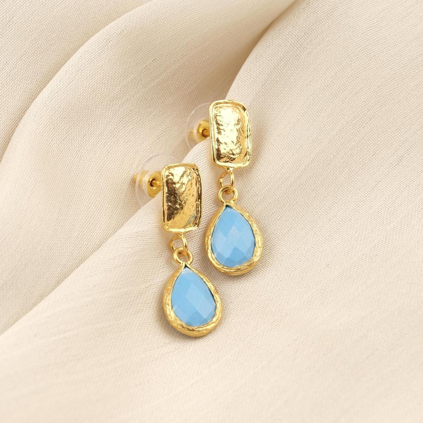 Handmade Turquoise Gemstone Stud Earrings, Elegant Teardrop Design with Faceted Blue Stone, Antique Looking Dainty Gift for Women