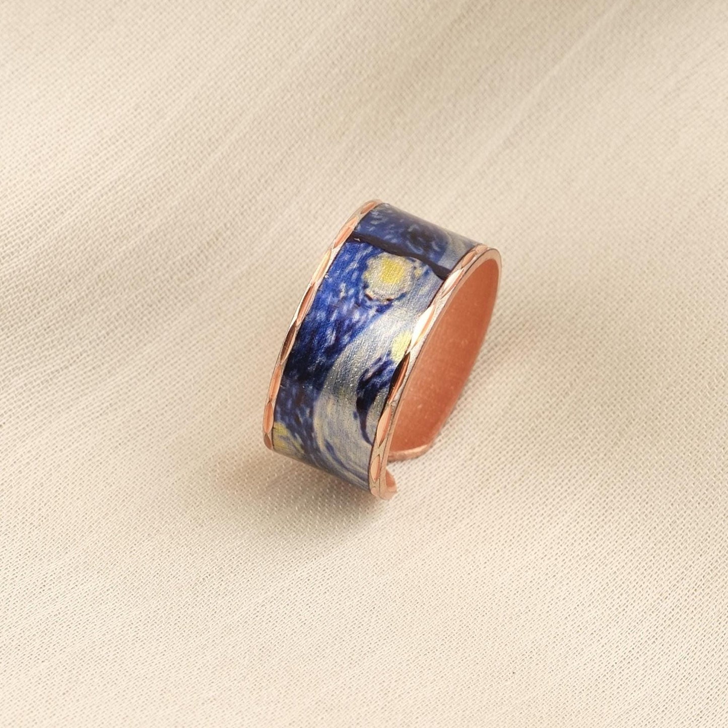 Vincent van Gogh “The Starry Night” Ring in Pure Copper, Adjustable Artistic Design | Handmade Antique Looking Vintage Style Statement Gift