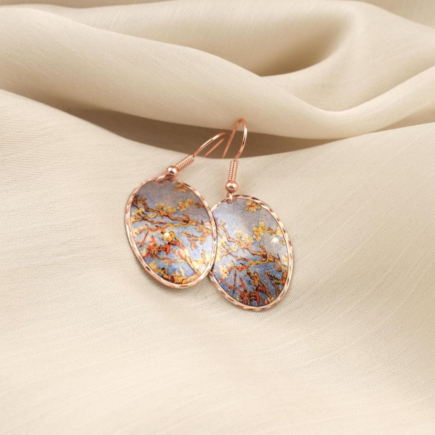 Vincent van Gogh “Almond Blossoms” Dangle Earrings in Pure Copper, Artistic Design | Handmade Vintage Style, Antique Looking Gift