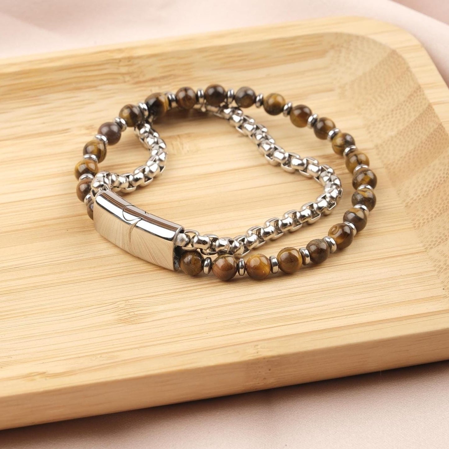 Stone of Courage, Tiger’s Eye, Hematite & Silver Beaded Leather Bracelet for Men, Crystal Bracelet Gift, Protective Wristband, 21cm / 8.26in