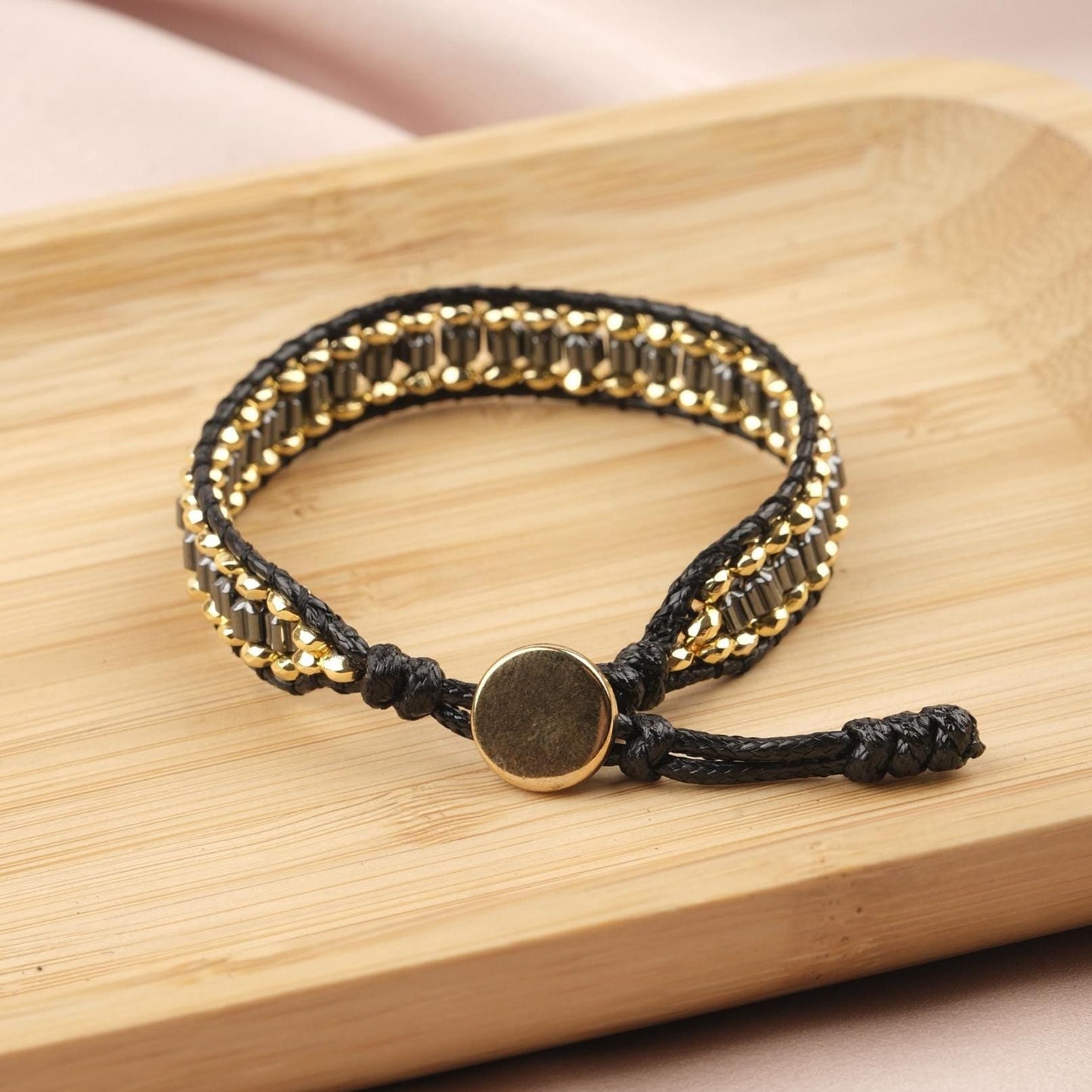 Luxury Stone of Power, Hematite & Gold Beaded Leather Bracelet for Men, Crystal Wristband Gift, Elegant Masculine Jewelry, 21cm / 8.26in