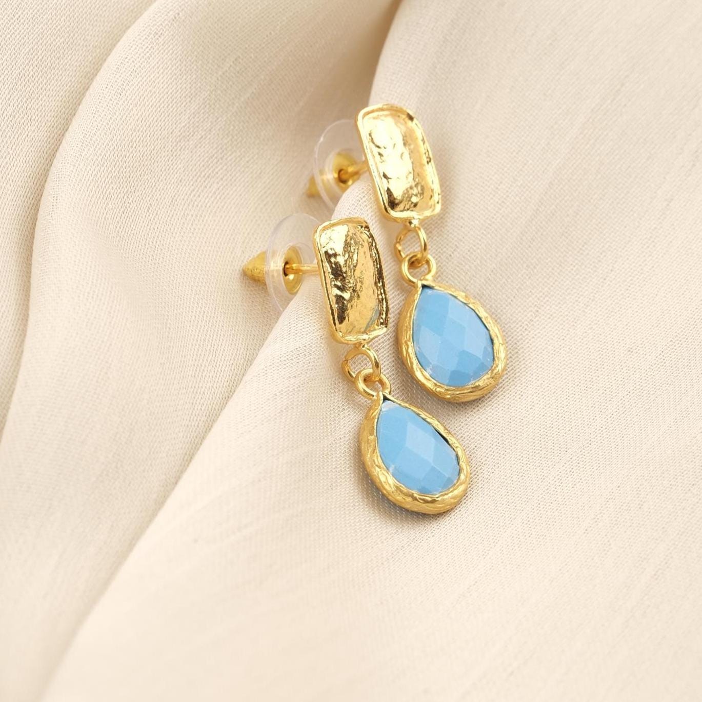 Handmade Turquoise Gemstone Stud Earrings, Elegant Teardrop Design with Faceted Blue Stone, Antique Looking Dainty Gift for Women