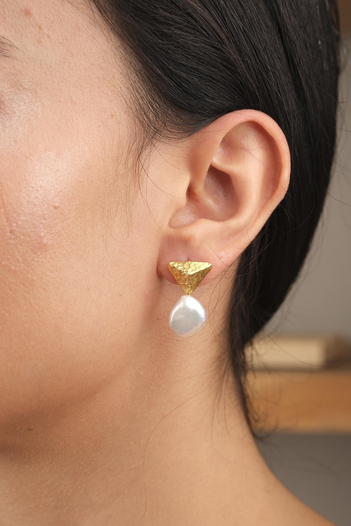 Handmade Genuine Pearl Stud Earrings, Pyramid Style Textured Gold Plated Design, Minimalist Chic Jewelry for Women, Artistic Modern Look