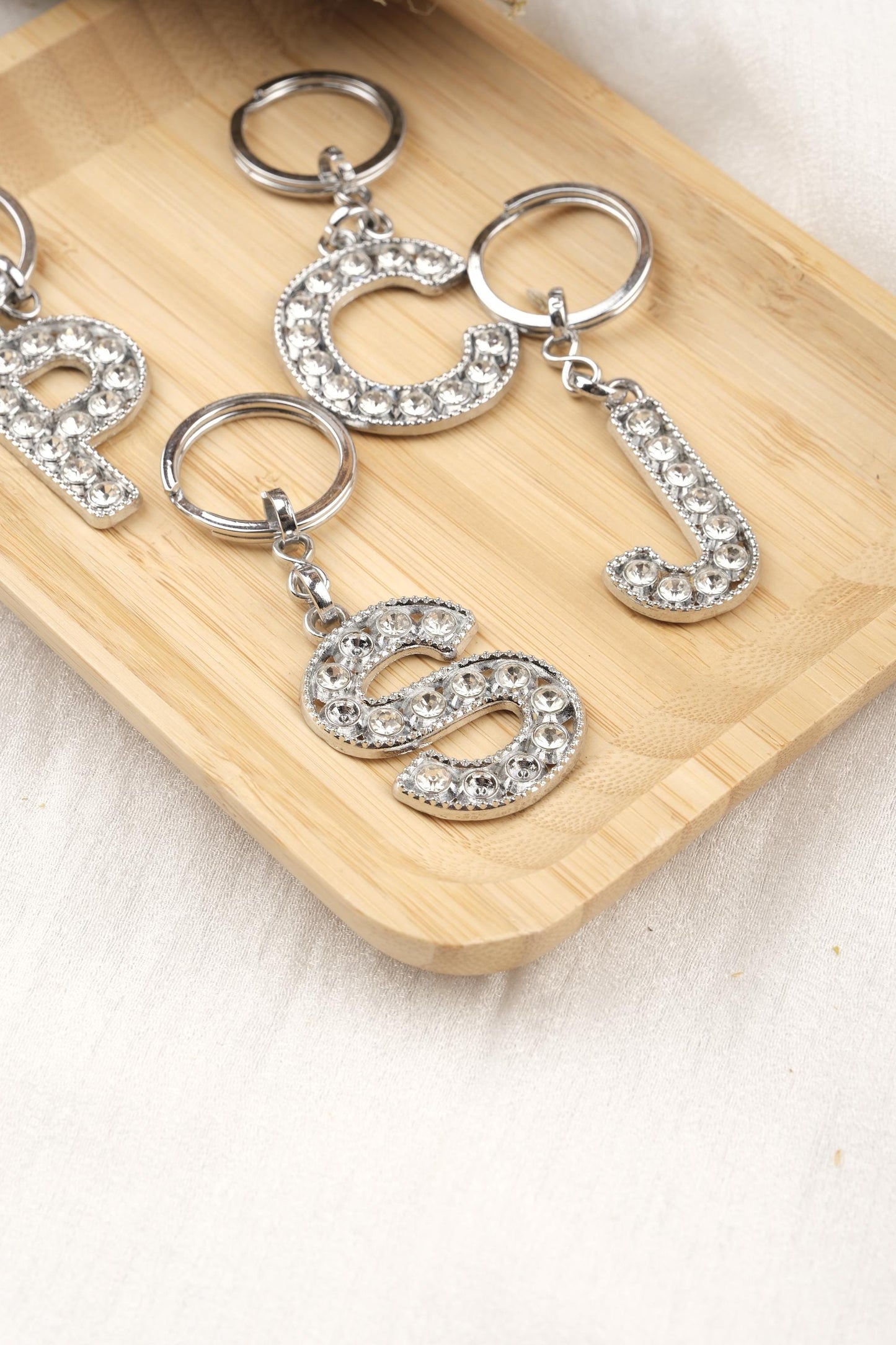 Shiny Silver Initial Keychain with Rhinestones, Personalized Letter Keyring Gift for Women, Custom Name Charm