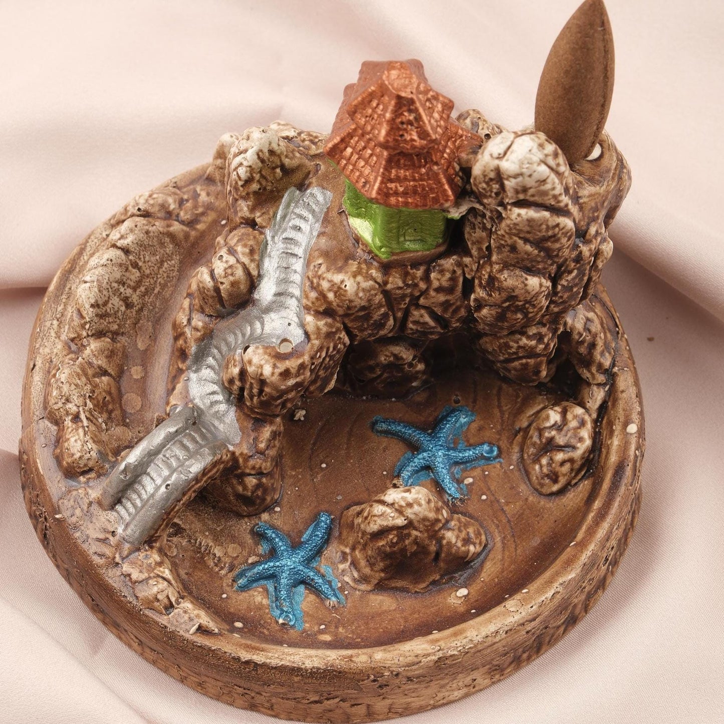 Castle & Beach Backflow Incense Burner in Unique Style , Yoga Lovers' Accessories, Backflow Incense Holder with Starfish and River