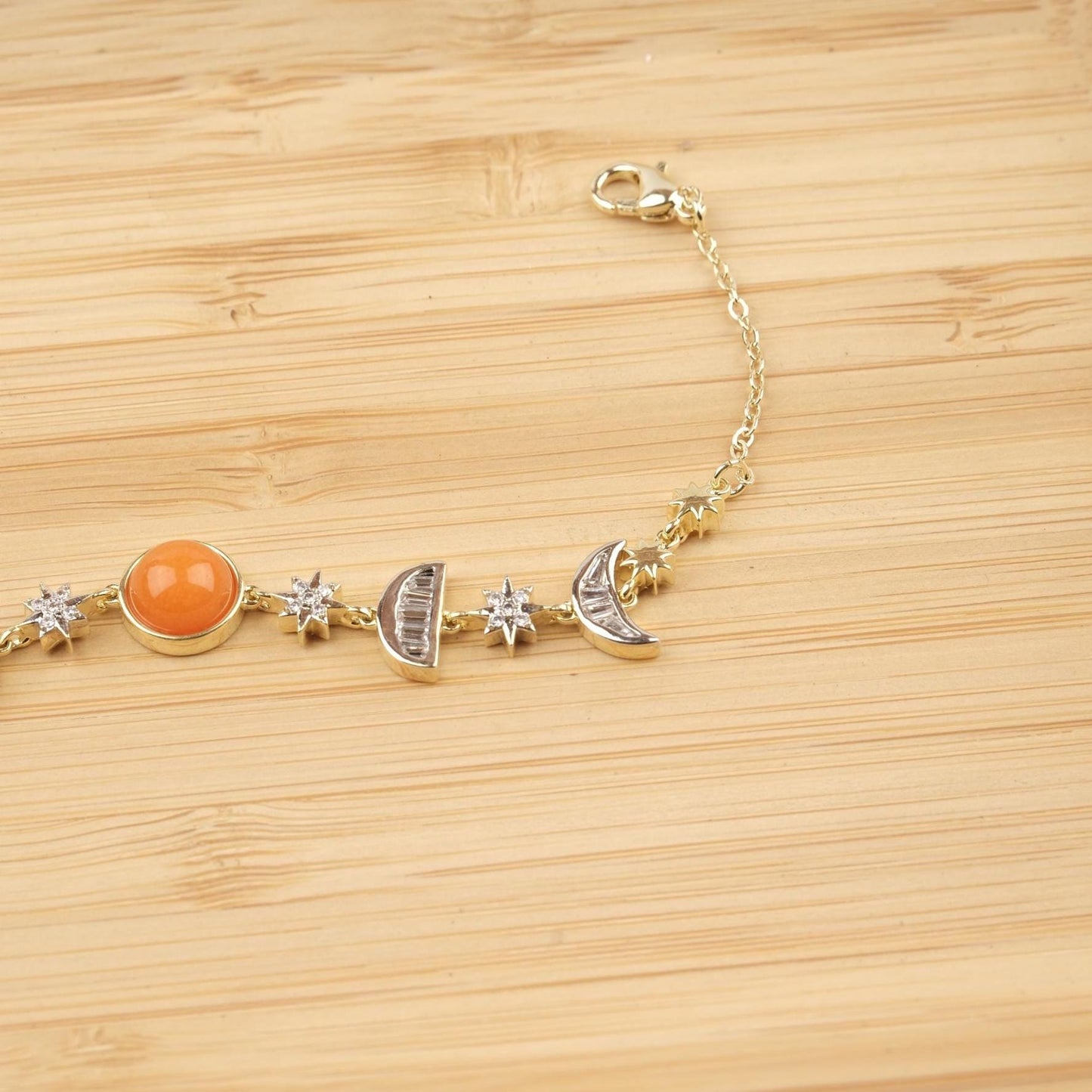 Orange Moon & Star Charm Bracelet for Women, Gold Celestial Jewelry with Vibrant Orange Accent Stone, Warm Gift for Her, 22cm / 8.66in