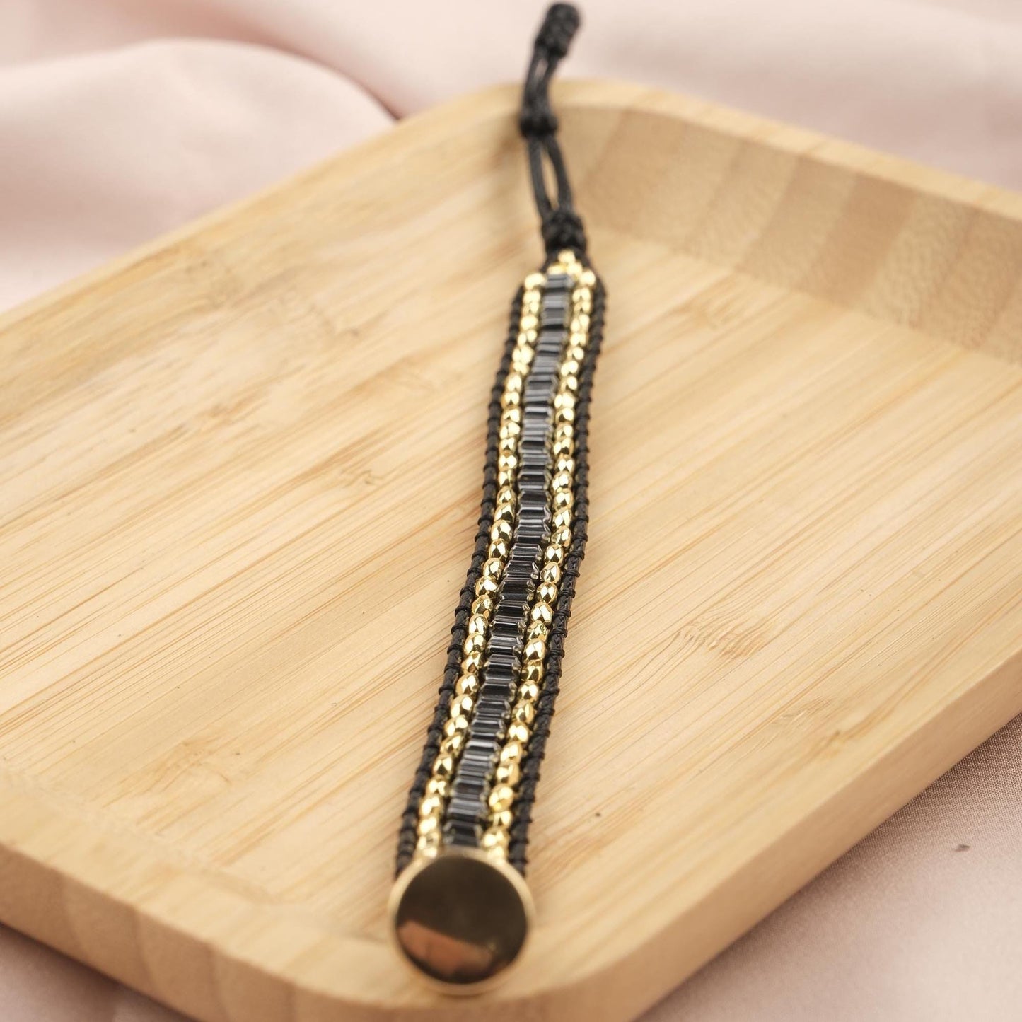 Luxury Stone of Power, Hematite & Gold Beaded Leather Bracelet for Men, Crystal Wristband Gift, Elegant Masculine Jewelry, 21cm / 8.26in