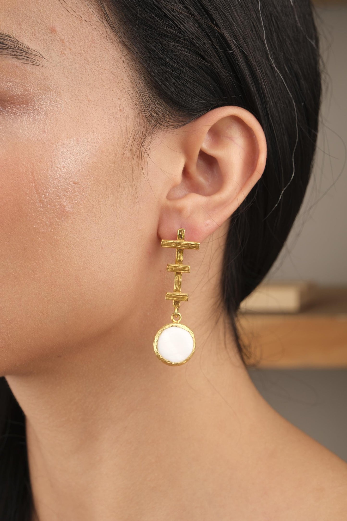 Handmade Artistic Stud Earrings With Genuine Pearl Discs, Gold Plated Abstract Design, Elegant Modern Jewelry With Vintage Style Charm Gift