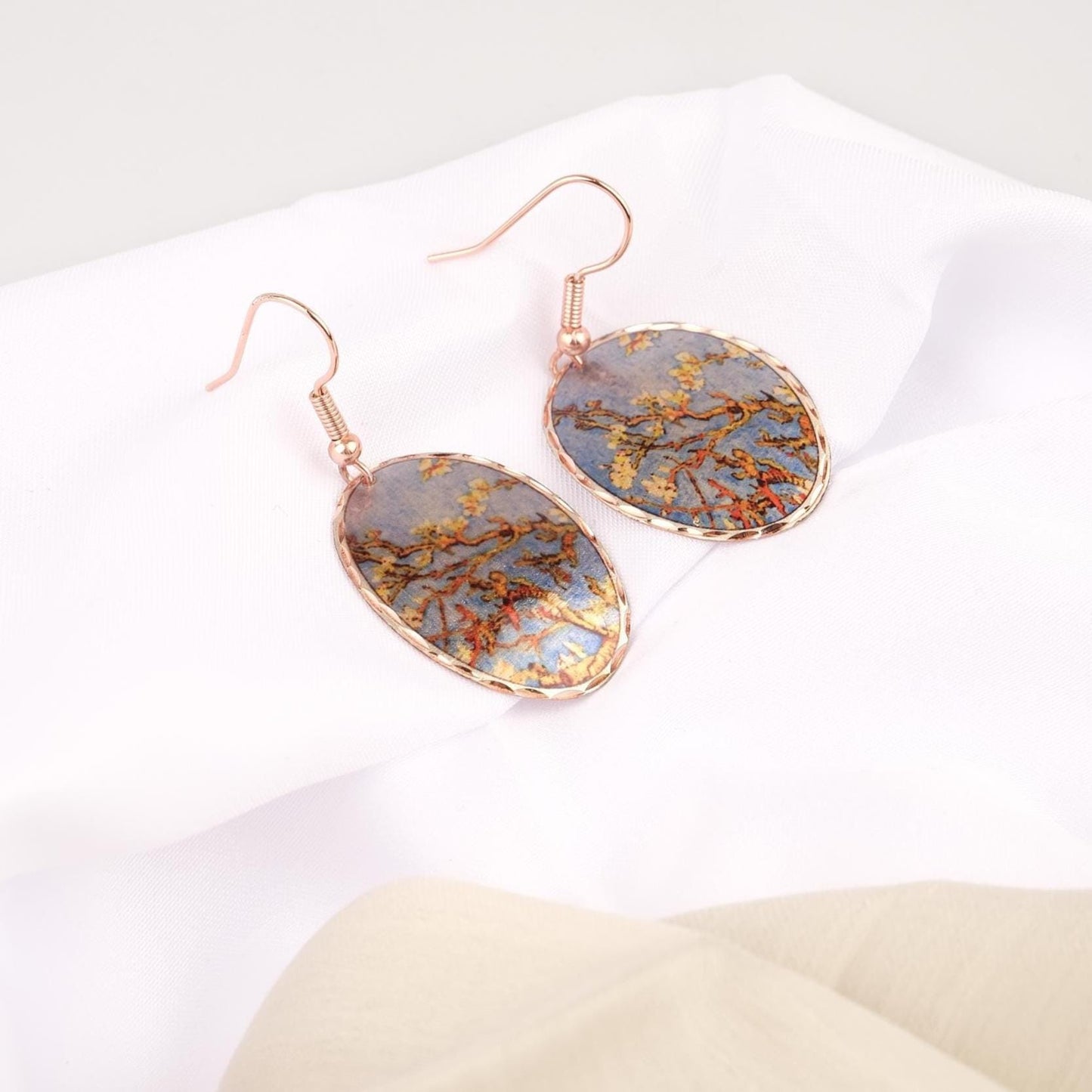 Vincent van Gogh “Almond Blossoms” Dangle Earrings in Pure Copper, Artistic Design | Handmade Vintage Style, Antique Looking Gift