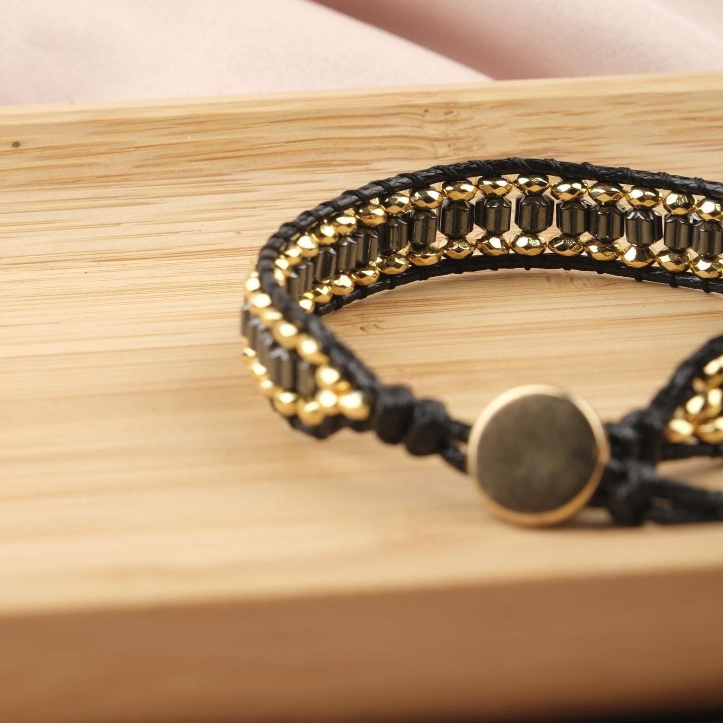 Luxury Stone of Power, Hematite & Gold Beaded Leather Bracelet for Men, Crystal Wristband Gift, Elegant Masculine Jewelry, 21cm / 8.26in