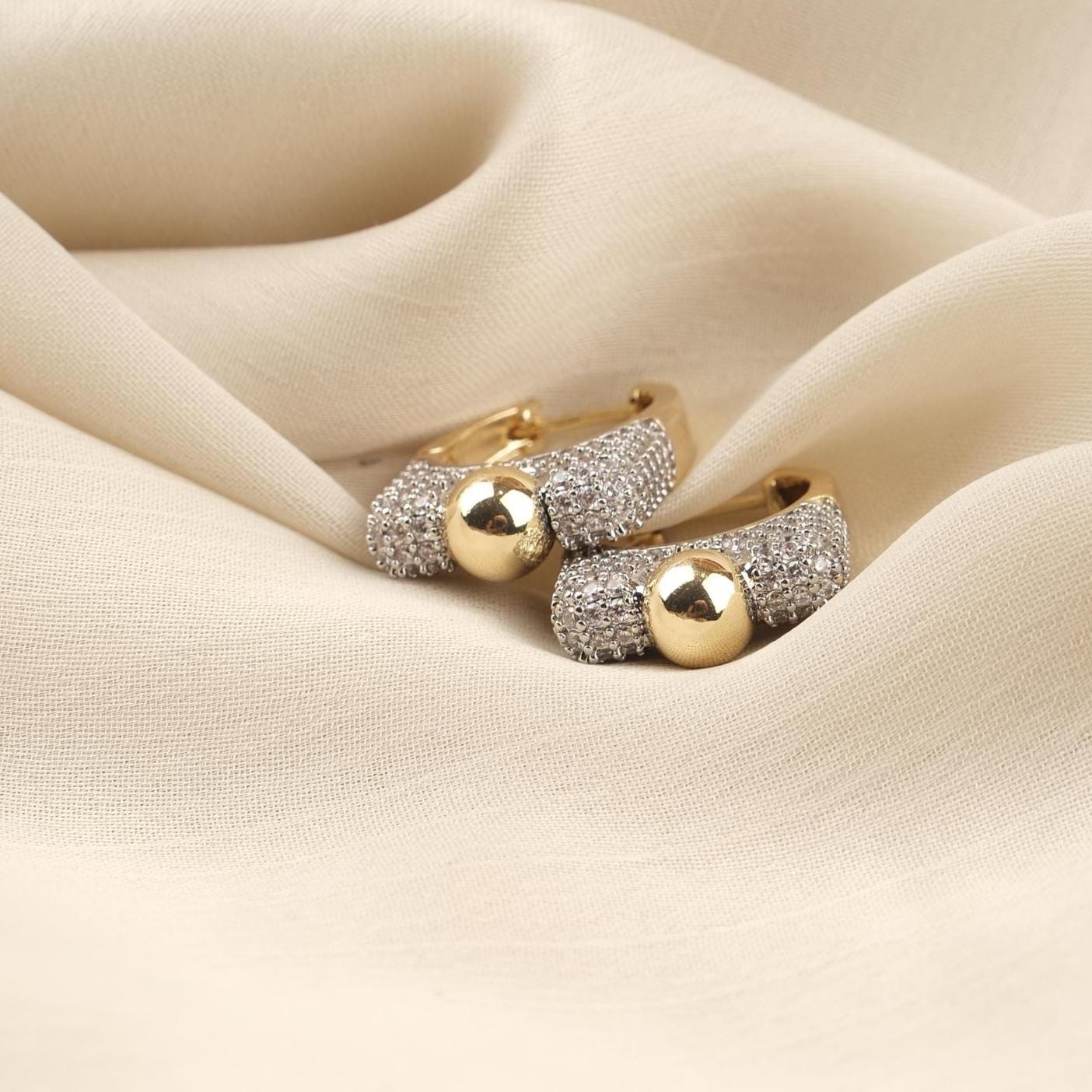 Gold Plated Silver Stud Earrings with Mini Diamond Detailing, Classic Hoop Design, Art Deco Style, Luxury Look, Hypoallergenic and Timeless