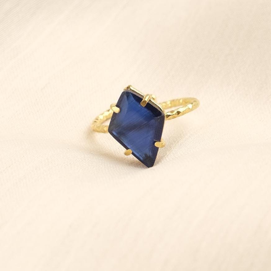 Handmade Minimalist Aquamarine Gemstone Ring, Diamond Inspired, Antique Looking And Vintage Style Gold Plated Ring With Subtle Sparkle