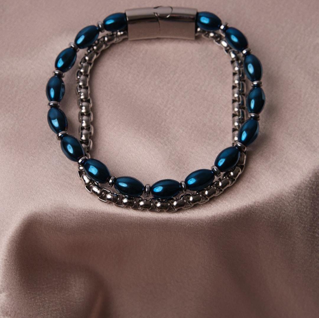 Half Blue Stone & Half Silver Stainless Steel Bracelet –Thick Chain Design for Men | Durable Wristwear | Bold Statement Piece | Gift for Him