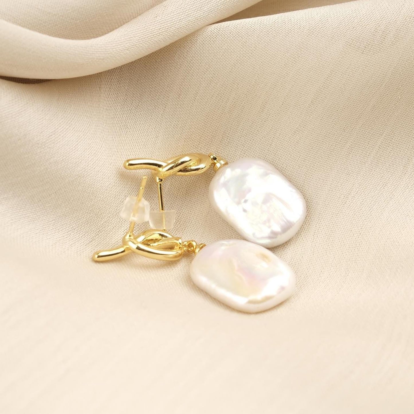 Handmade Genuine Pearl Tie Style Studs, Gold Plated Twisted Detail Earrings, Elegant Minimalist Jewelry For Women, Modern Freshwater Charm