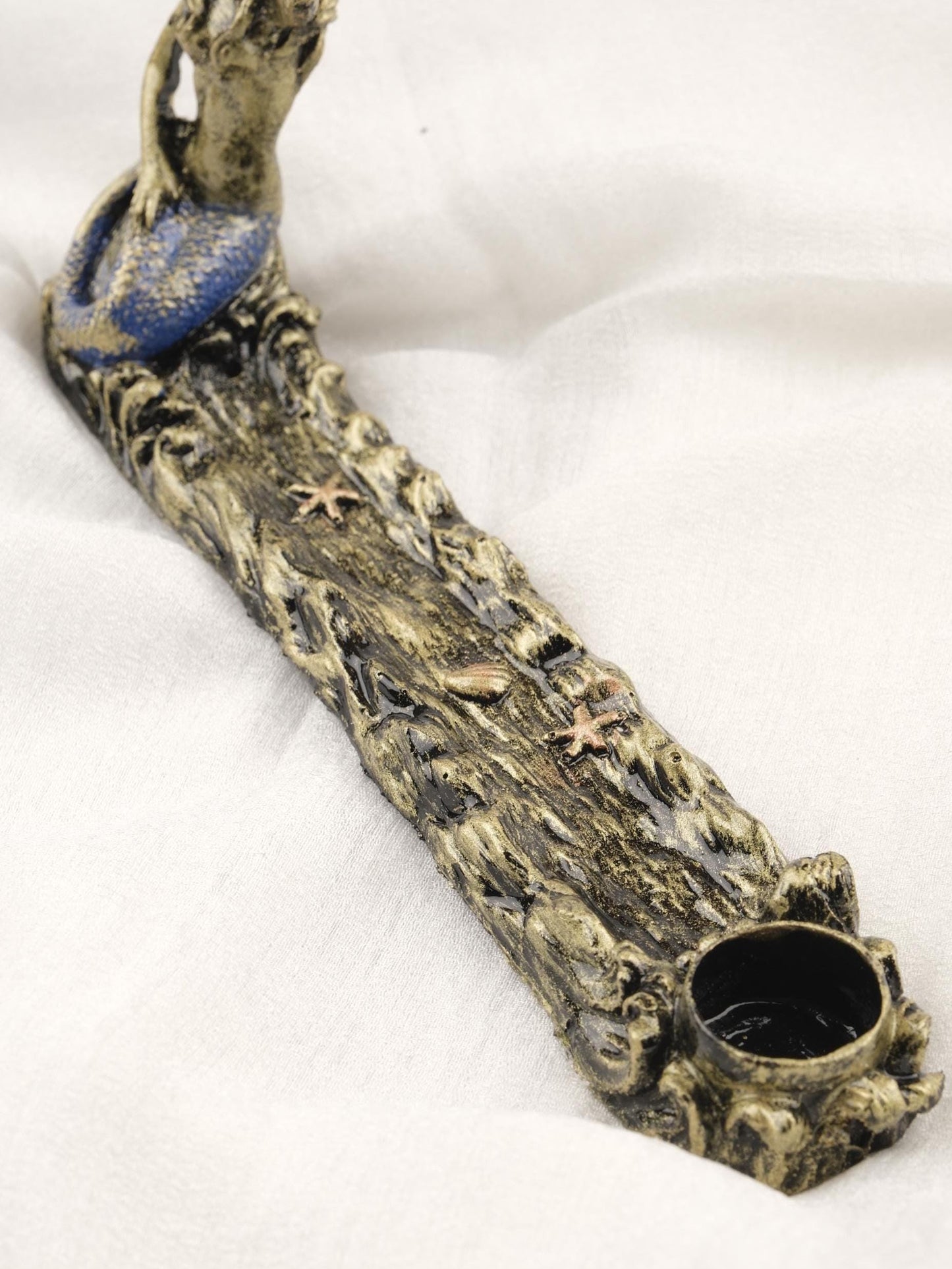 Starfish Mermaid At The Beach Incense Stick and Palo Santo Holder, Blue Gold and Pearl Beach Vibes | 22x4x10cm Authentic Ash Catcher