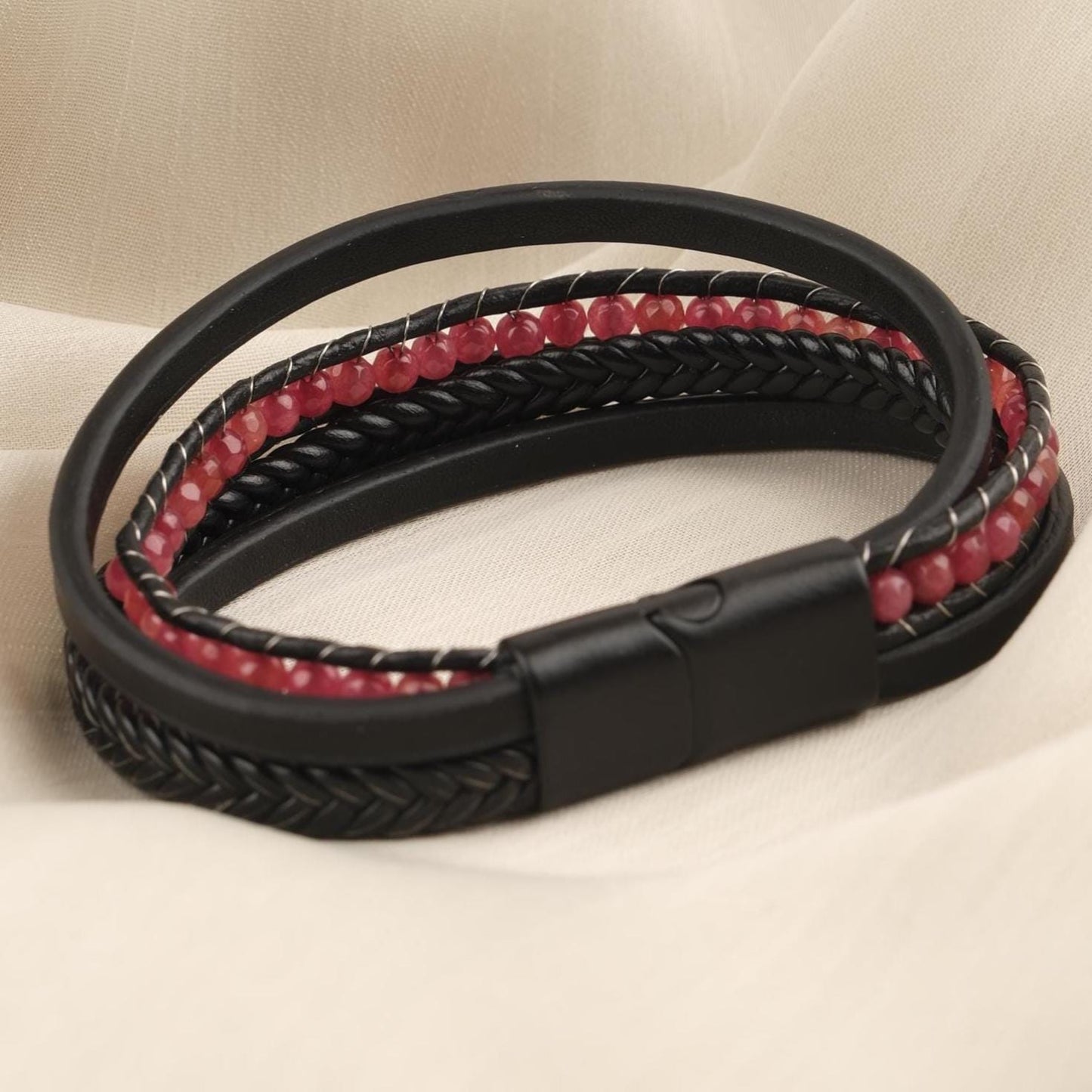 Handmade Bold Quartz and Genuine Leather Men's Bracelet, Multi-Layer Design with Titanium Lock, Statement Gemstone Jewelry | 22 cm (8.66 in)