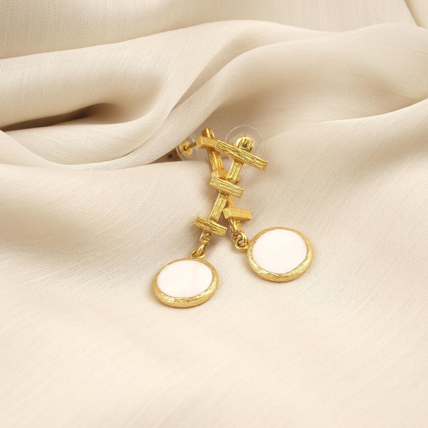 Handmade Artistic Stud Earrings With Genuine Pearl Discs, Gold Plated Abstract Design, Elegant Modern Jewelry With Vintage Style Charm Gift