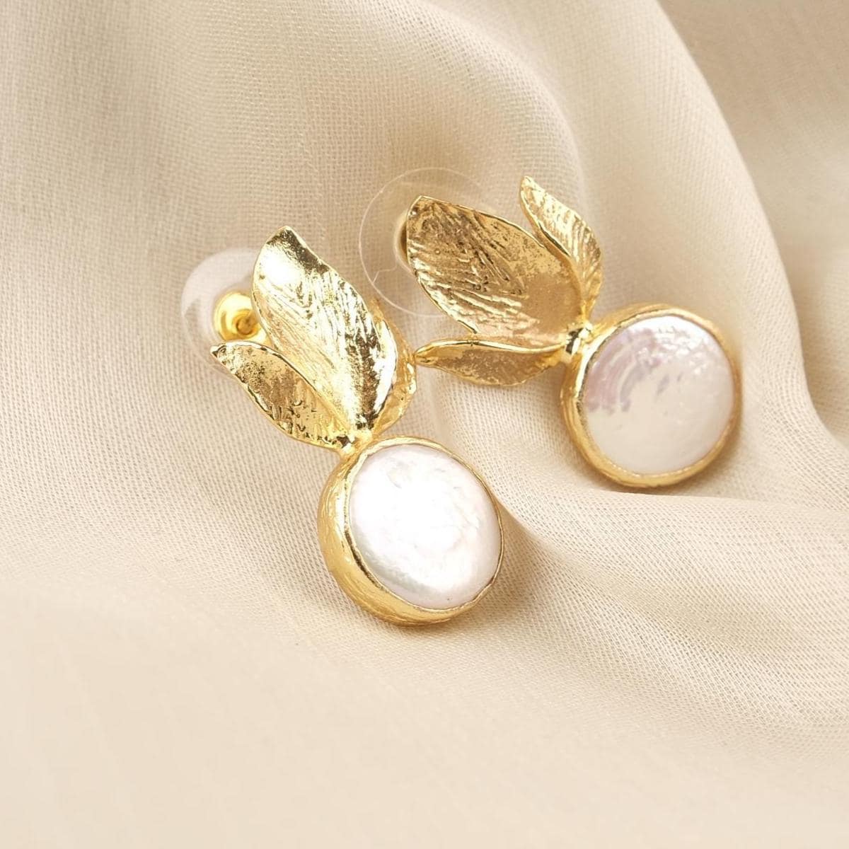 Handmade Genuine Pearl Stud Earrings, Gold Plated Leaf Design, Artistic Nature-Inspired Jewelry for Women, Elegant Lightweight Statement