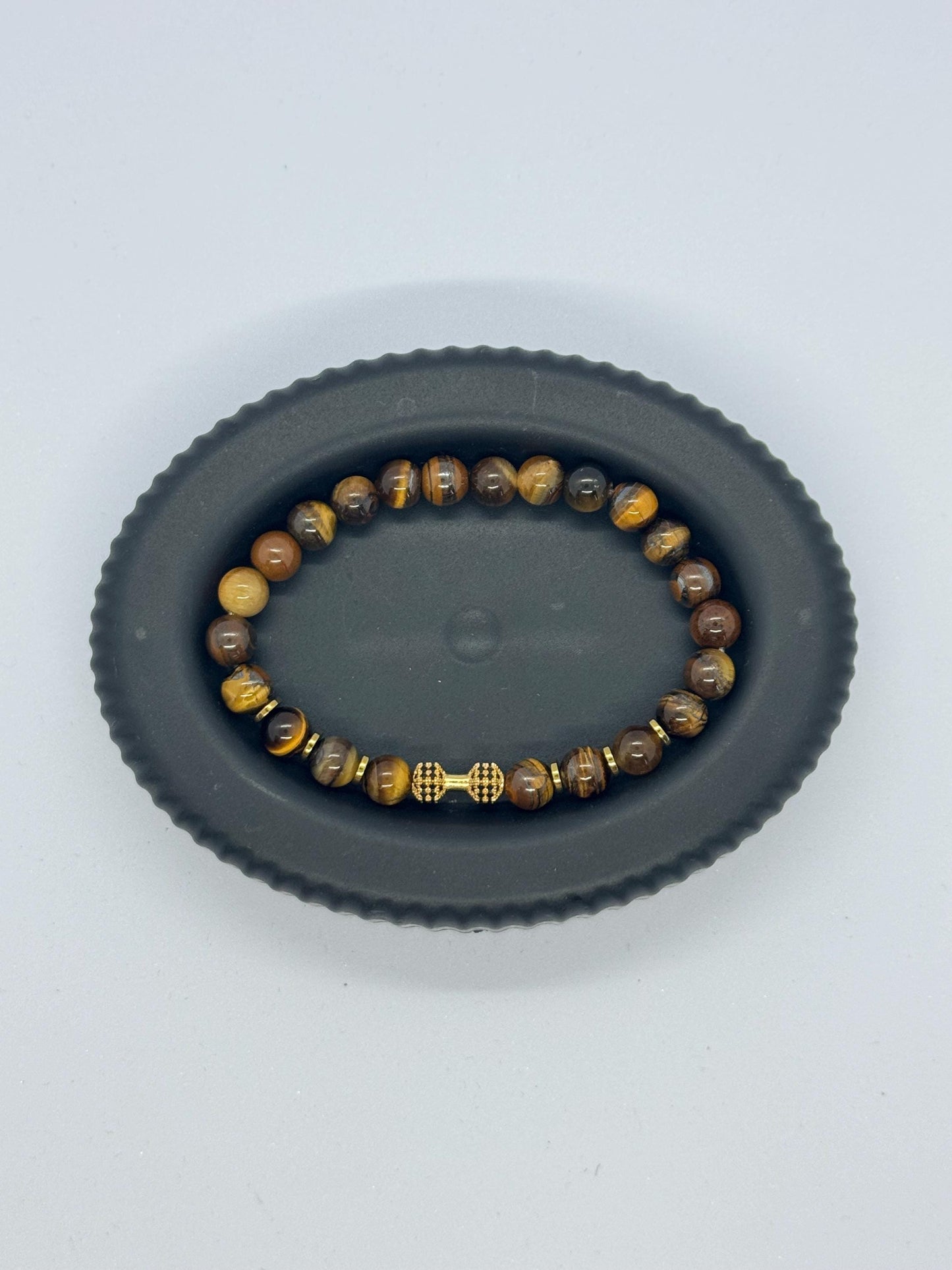 Gold Dumbbell Tiger Eye Bracelet for Him, Unique Gift Sacral Chakra Protection Gemini,Scorpio, Taurus, Cancer, Hematite Gym Bracelet for Men
