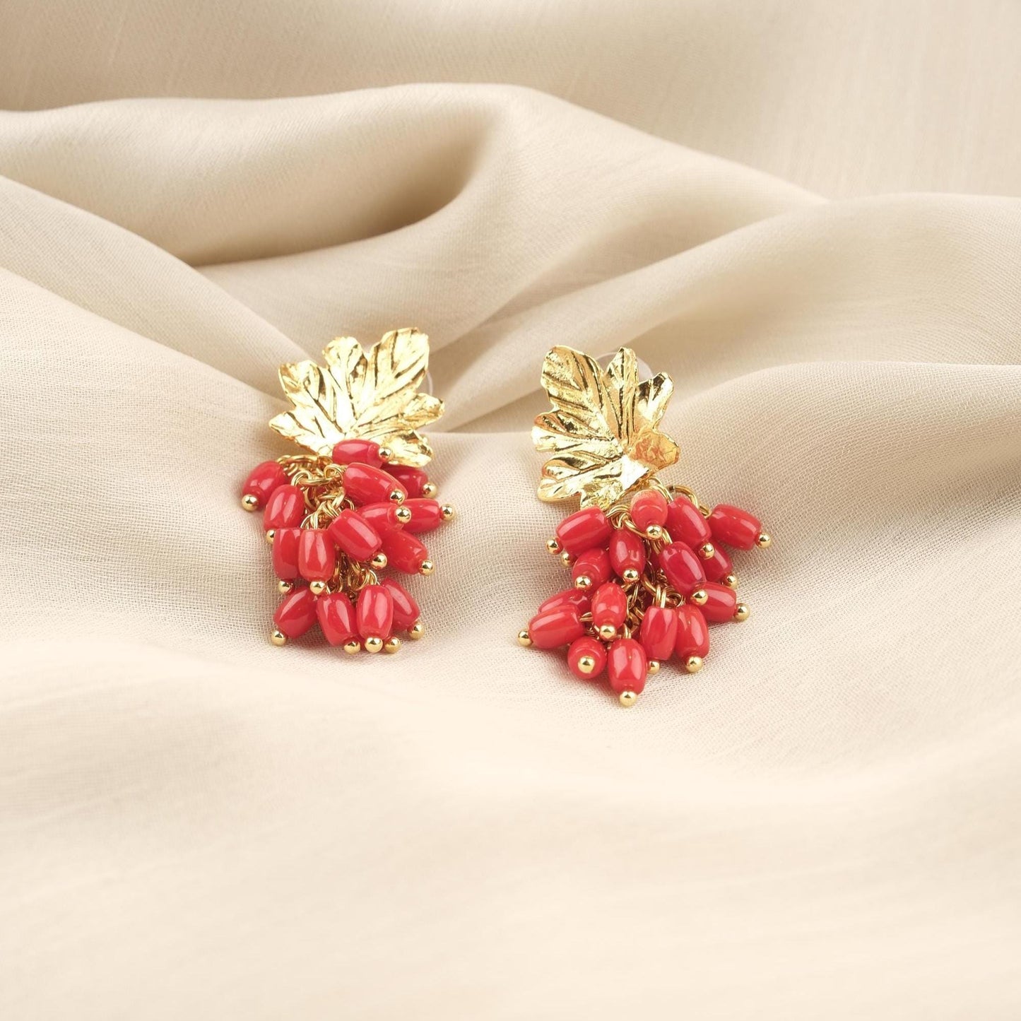 Handmade Genuine Coral Grape Earrings , October Birthstone, Exotic Nature Inspired Studs, Elegant And Artistic Statement Jewelry Design Gift